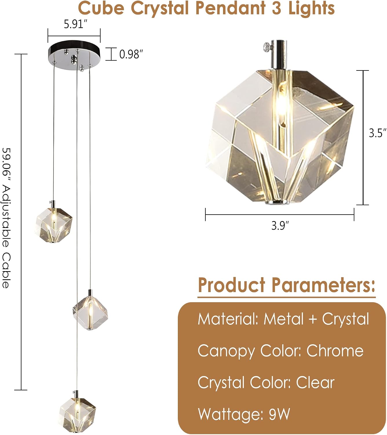 3 Lights Pendant Lighting, Chrome Cluster Pendant Light Fixture for Kitchen Island, Modern Small Cube Pendant Chandelier Hanging Light for Dining Room Bedroom Bathroom