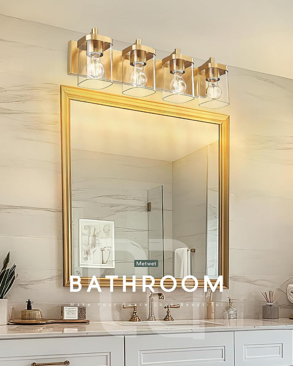 Bathroom Light Fixtures, 25' Brushed Gold Vanity Light, 4-Light Modern Wall Sconces with Square Clear Glass Shade, Vanity Lighting Fixtures Over Mirror, VL194-BG-4