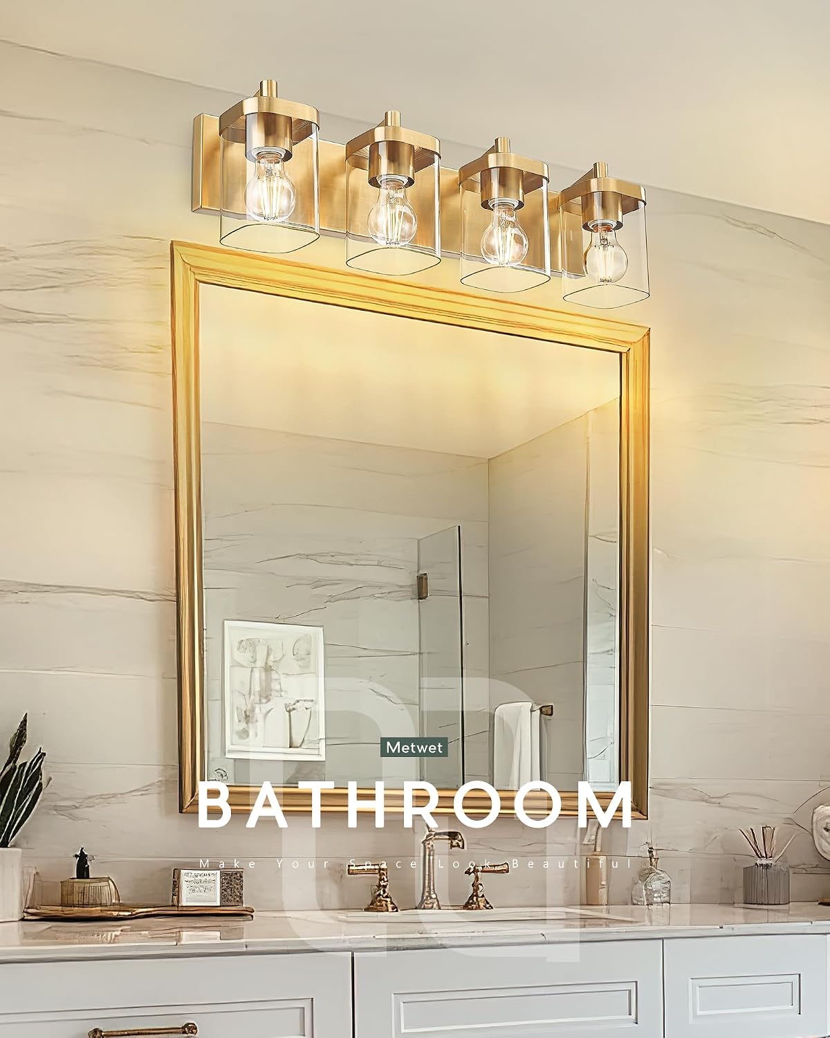 Bathroom Light Fixtures, 25' Brushed Gold Vanity Light, 4-Light Modern Wall Sconces with Square Clear Glass Shade, Vanity Lighting Fixtures Over Mirror, VL194-BG-4