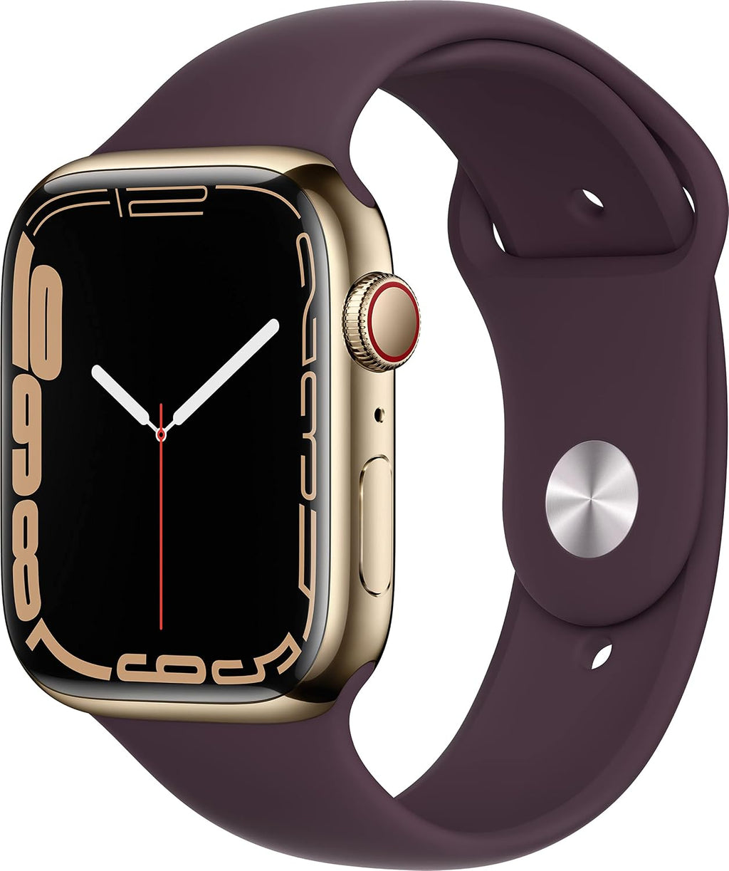 Apple Watch Series 7 (GPS + Cellular, 45MM) - Gold Stainless Steel Case with Dark Cherry Sport Band (Renewed)