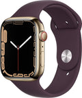 Apple Watch Series 7 (GPS + Cellular, 45MM) - Gold Stainless Steel Case with Dark Cherry Sport Band (Renewed)
