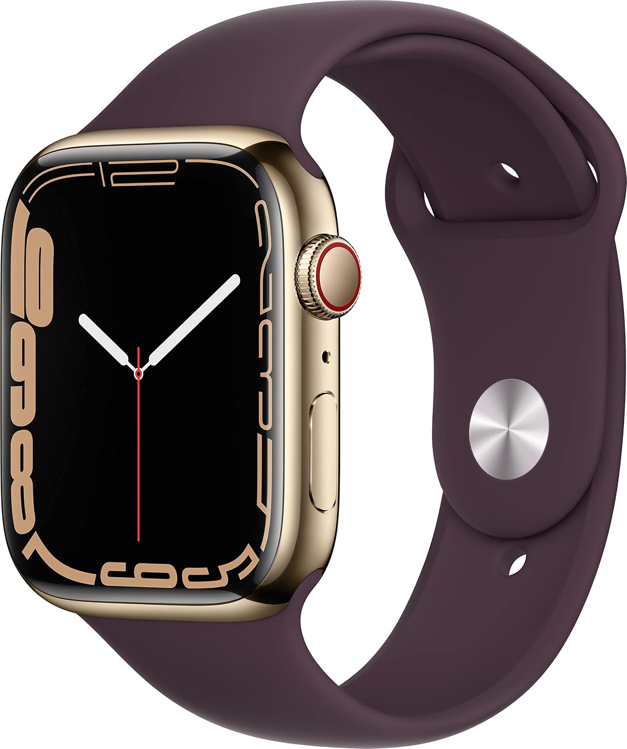 Apple Watch Series 7 (GPS + Cellular, 45MM) - Gold Stainless Steel Case with Dark Cherry Sport Band (Renewed)