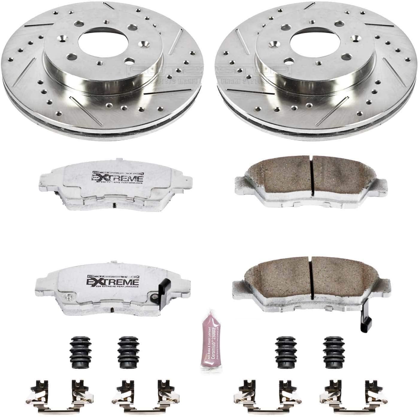 PowerStop Front Brake Kit for Honda Civic 1993-95 |Civic del Sol 1994-97 |Fit 2007-08 - Carbon-Fiber Ceramic Z26 Brake Pads + Drilled & Slotted Rotors Upgrade, K694-26