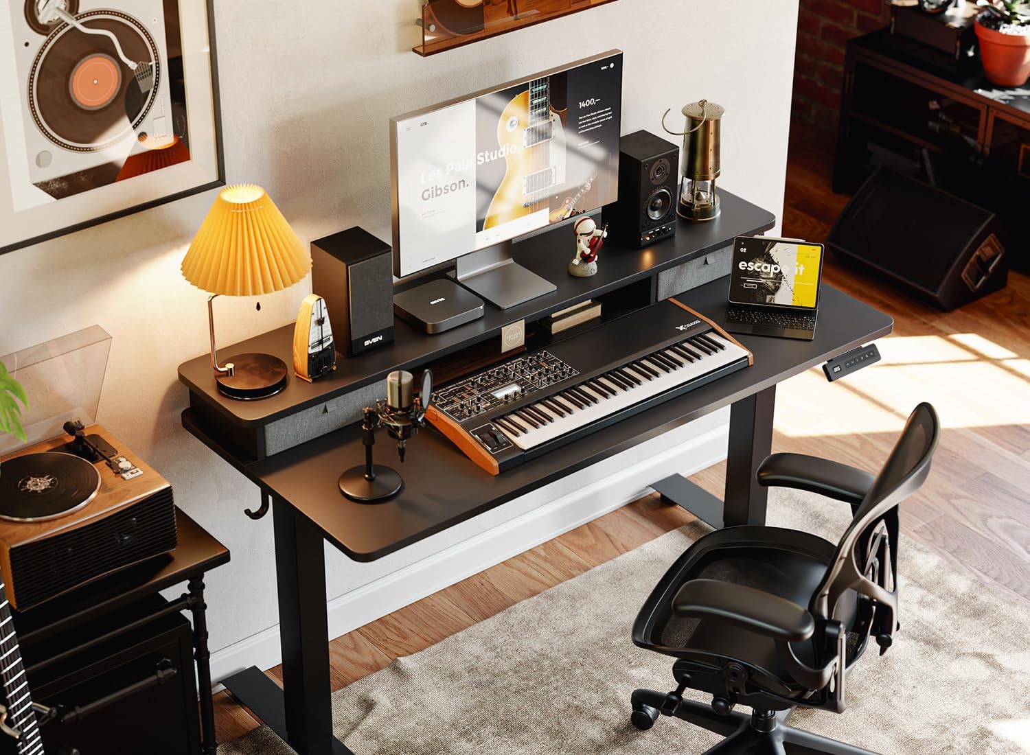 BANTI 48x24 Inch Electric Standing Desk with Dual Drawers, Height Adjustable Stand Up Table, Sit Stand Home Office Desk with Storage Shelf, Black Frame/Black Top