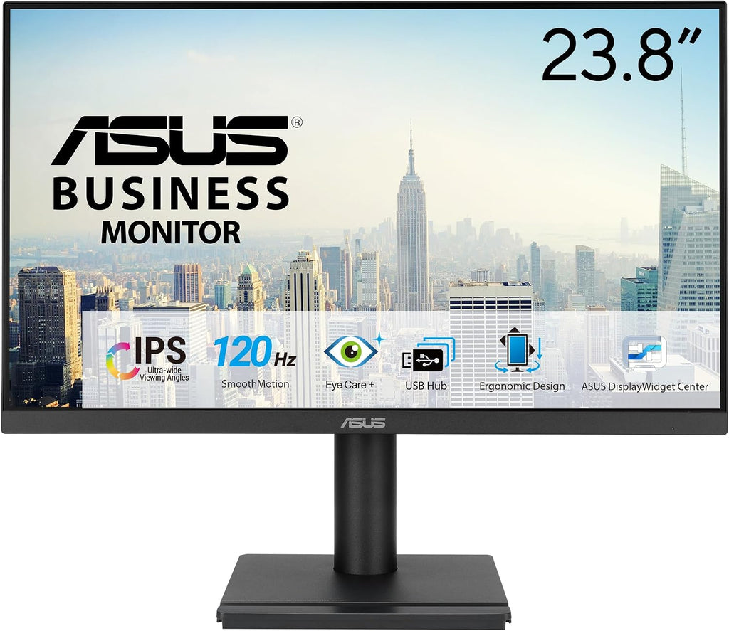 ASUS 24' 1080P Business Monitor (VA249QGS) - IPS, Full HD, Frameless, 120Hz, Adaptive-Sync, 1ms, HDMI, DisplayPort, VGA, Eye Care, Low Blue Light, Ergonomic, VESA Wall Mountable, 3 yr Warranty