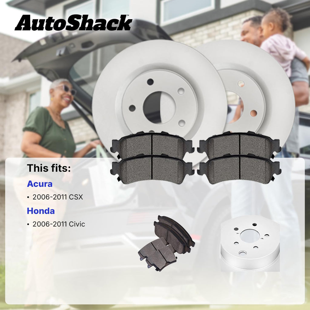 AutoShack Rear Brake Rotors, Premium Pads & Hub Bearing Assemblies for Honda & Acura, Civic 2006-2011 CSX 2006-2011, FWD L4 1.8L 2.0L - Coated - ArmorStop - 10.24' (260 mm), 5-Lug