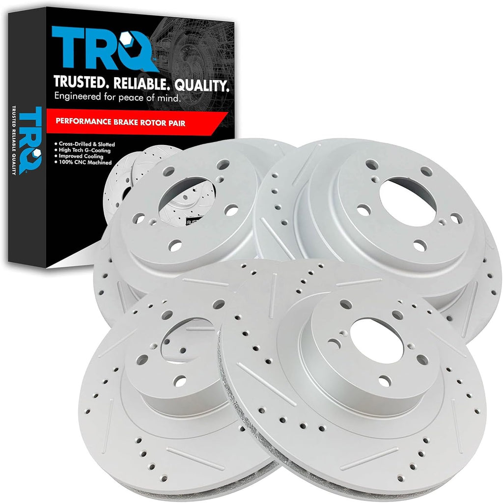 TRQ Performance Front and Rear Brake Rotor Set G Coated Drilled and Slotted Compatible with 2005-2006 Saab 9-2X 2003-2008 Subaru Forester 2002-2005 Impreza