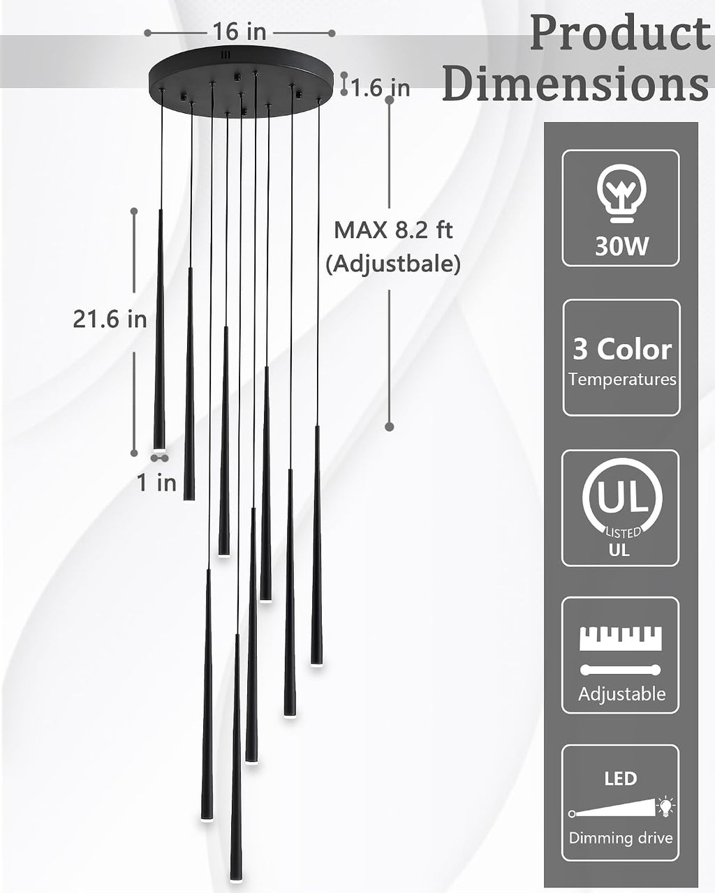 9-Light LED High Ceiling Chandelier, Modern Black Long Linear Pendant Chandelier for Staircase Entryway Foyer, Large Dimmable Hanging Light with 3 Color Temperatures