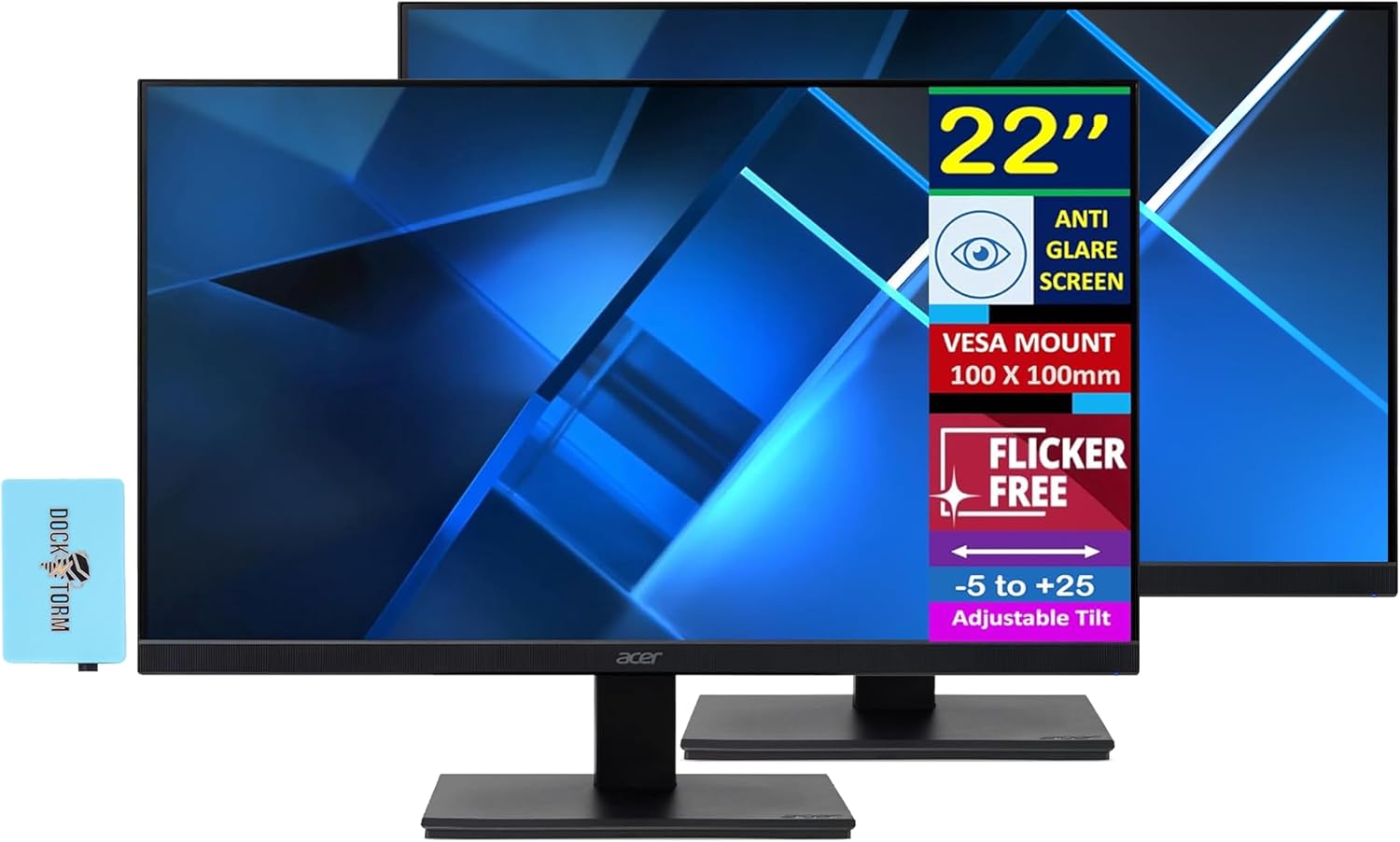 Acer 22' FHD VA Monitor with 4ms Response Time, AMD FreeSync, Anti-Glare, Flicker Free, VESA Mount (100x100mm), Low Blue Light, VGA, HDMI & Dockztorm USB Port Expander, Black Color 2 Pack