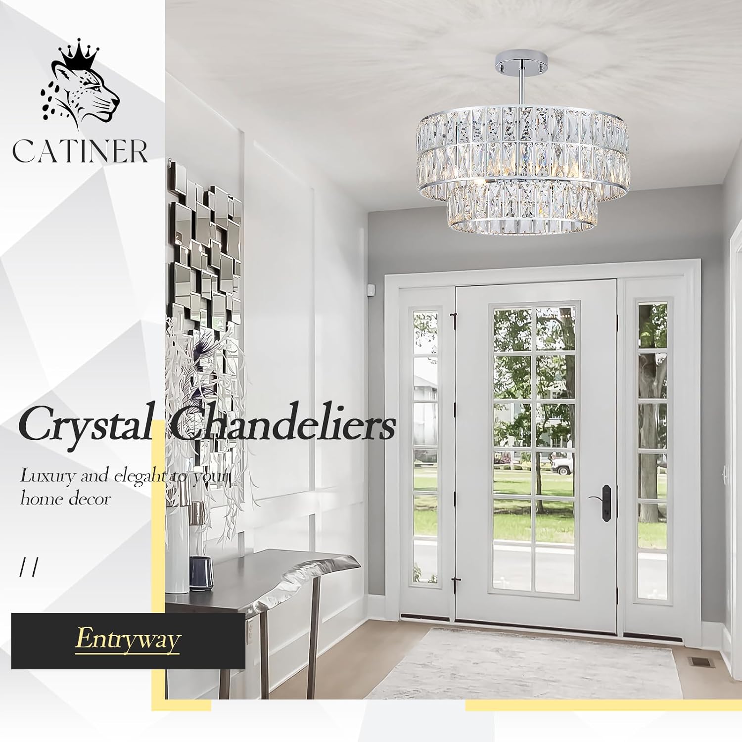 CATINER 20'' Modern Crystal Chandelier Luxury 6-Lights Chrome Semi Flush Mount Ceiling Light Fixtures Round Crystal Pendant Chandelier for Living Room Dining Room Kitchen Foyer Bedroom