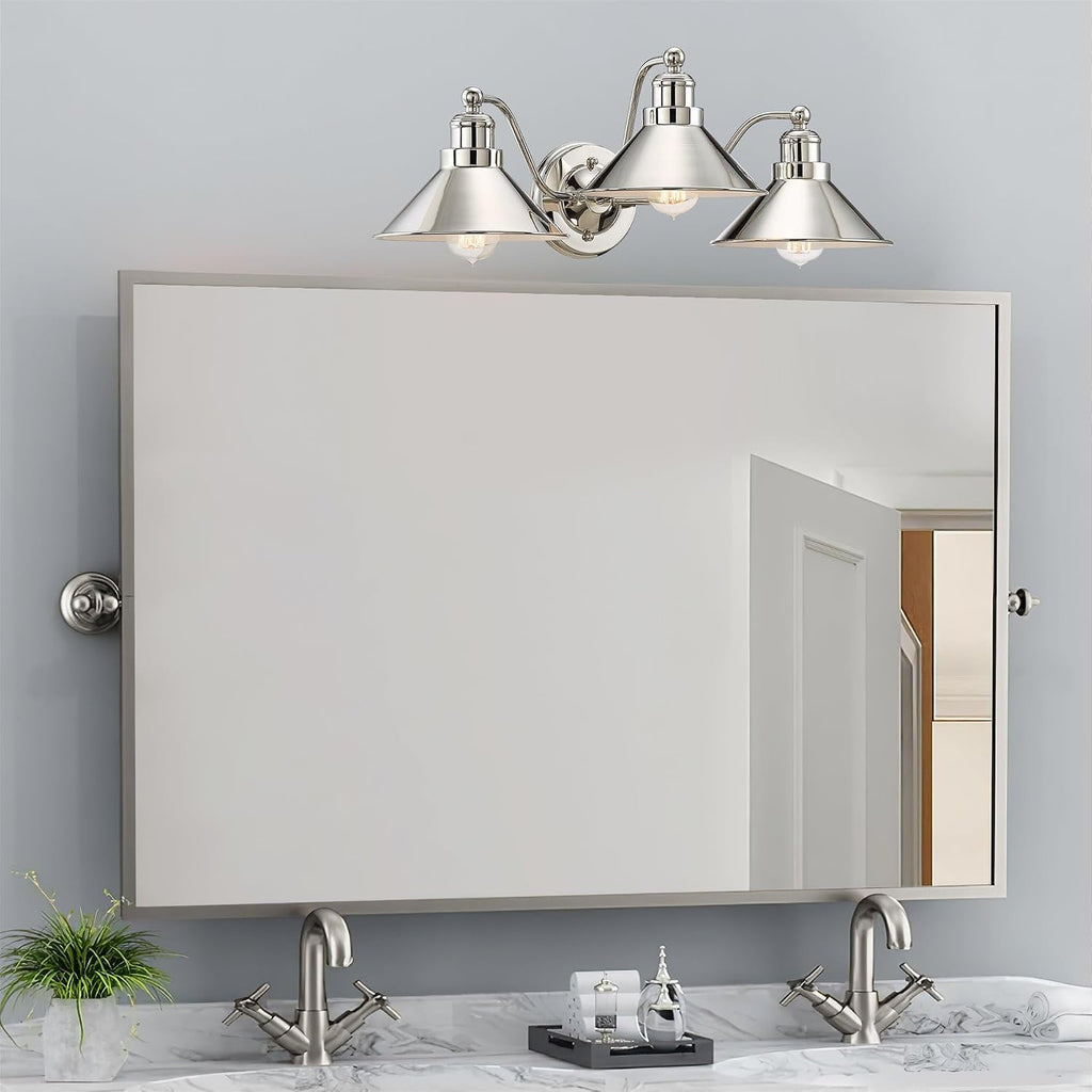 Kira Home Welton 25.5' 3-Light Modern Farmhouse Vanity Light with Funnel Shades, Industrial Wall Sconce Bathroom Light, Polished Nickel Finish