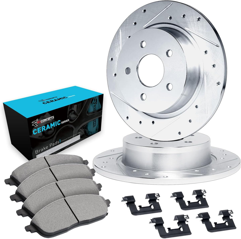 R1 Concepts Rear Brake Kit Fits 2006-2007 Acura CSX; 2013-2015 Acura ILX; 2006-2015 Honda Civic; 1997-2001 Honda Prelude| Ceramic Pads, Drilled Slotted Rotors| Hardware| 10.2' Rear