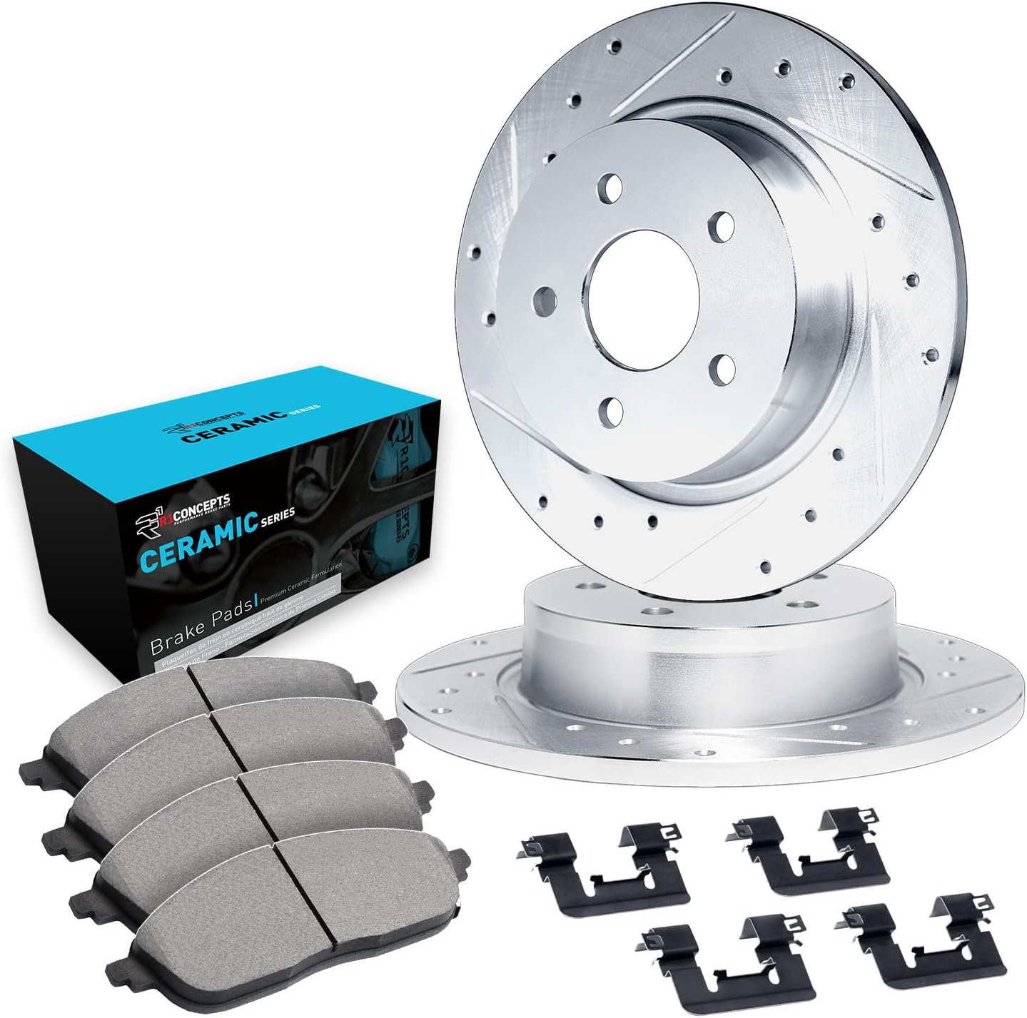 R1 Concepts Rear Brake Kit Fits 2006-2007 Acura CSX; 2013-2015 Acura ILX; 2006-2015 Honda Civic; 1997-2001 Honda Prelude| Ceramic Pads, Drilled Slotted Rotors| Hardware| 10.2' Rear