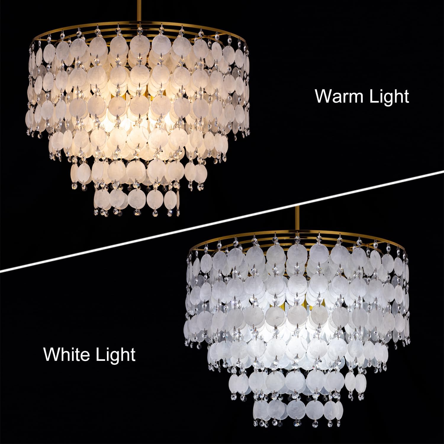 TOCHIC Natural Capiz Shell Chandelier, 6-Light Gold Modern Coastal Chandelier Light Fixture for Dining Room, Hanging Boho Round Beach Shell Pendant Light for Living Room, Bedroom, Kitchen, Foyer, 24'W