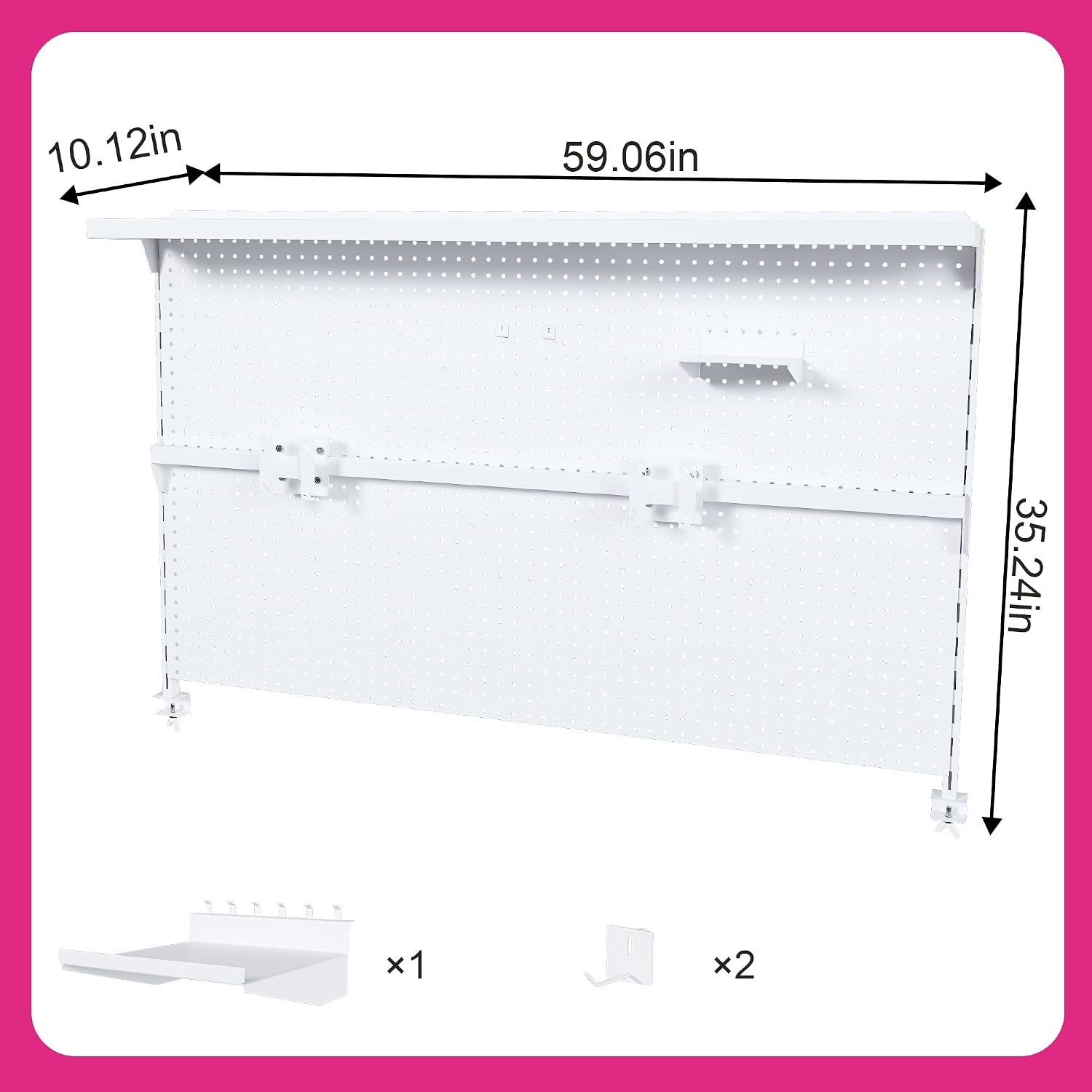 KEIKI Metal Pegboard Desk Organizer with Dual Monitor Stand, 59' x 35' Large Desk Peg Board with Hooks & Movable Panel, Office Organization and Storage Shelf for Gaming or Workstation Setup, White