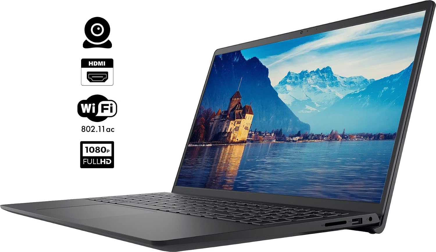 Dell Inspiron Laptop, 15.6' HD Display, AMD Ryzen 5 3450U Processor, 16GB RAM, 1TB SSD, Webcam, HDMI, SD Card Reader, Wi-Fi, Windows 11 Home, Carbon Black