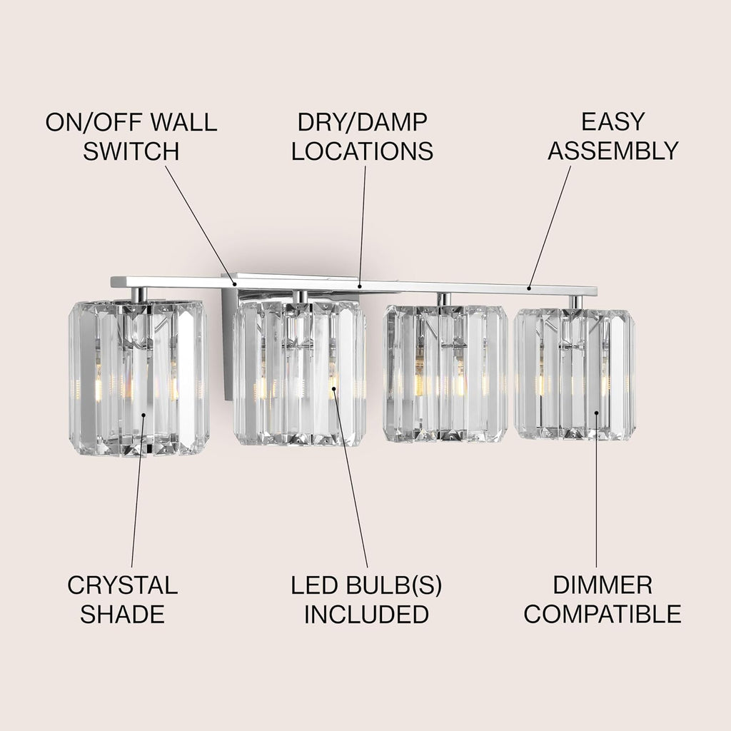 JONATHAN Y 4.75' Chrome 4-Light Vintage Glam LED Vanity Light Wall Sconce Fixture with Clear Crystal Prism Shade, Hardwired Wall Lamp for Bathroom Mirror Hallway, LED Bulb Included (JYL3555A)