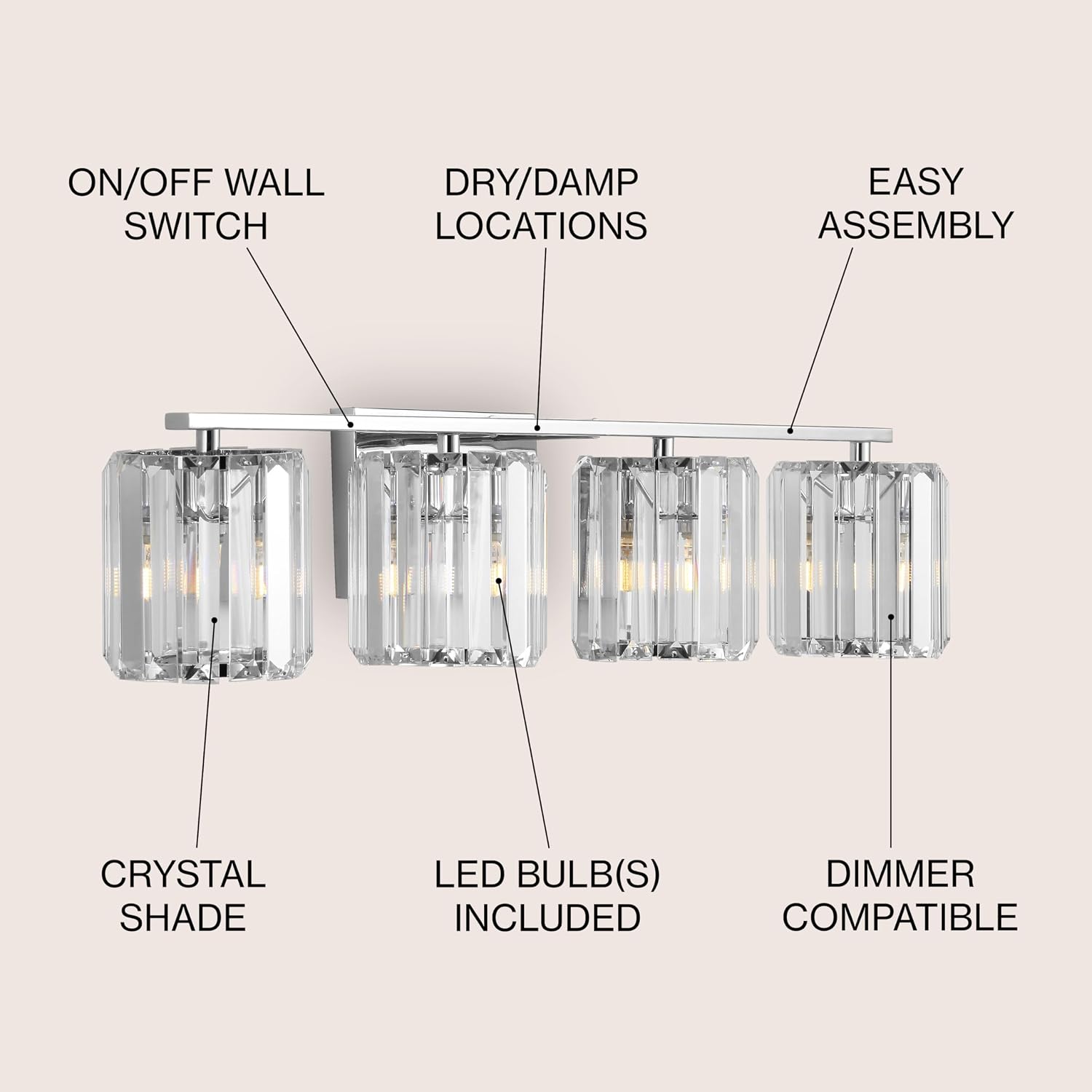 JONATHAN Y 4.75' Chrome 4-Light Vintage Glam LED Vanity Light Wall Sconce Fixture with Clear Crystal Prism Shade, Hardwired Wall Lamp for Bathroom Mirror Hallway, LED Bulb Included (JYL3555A)