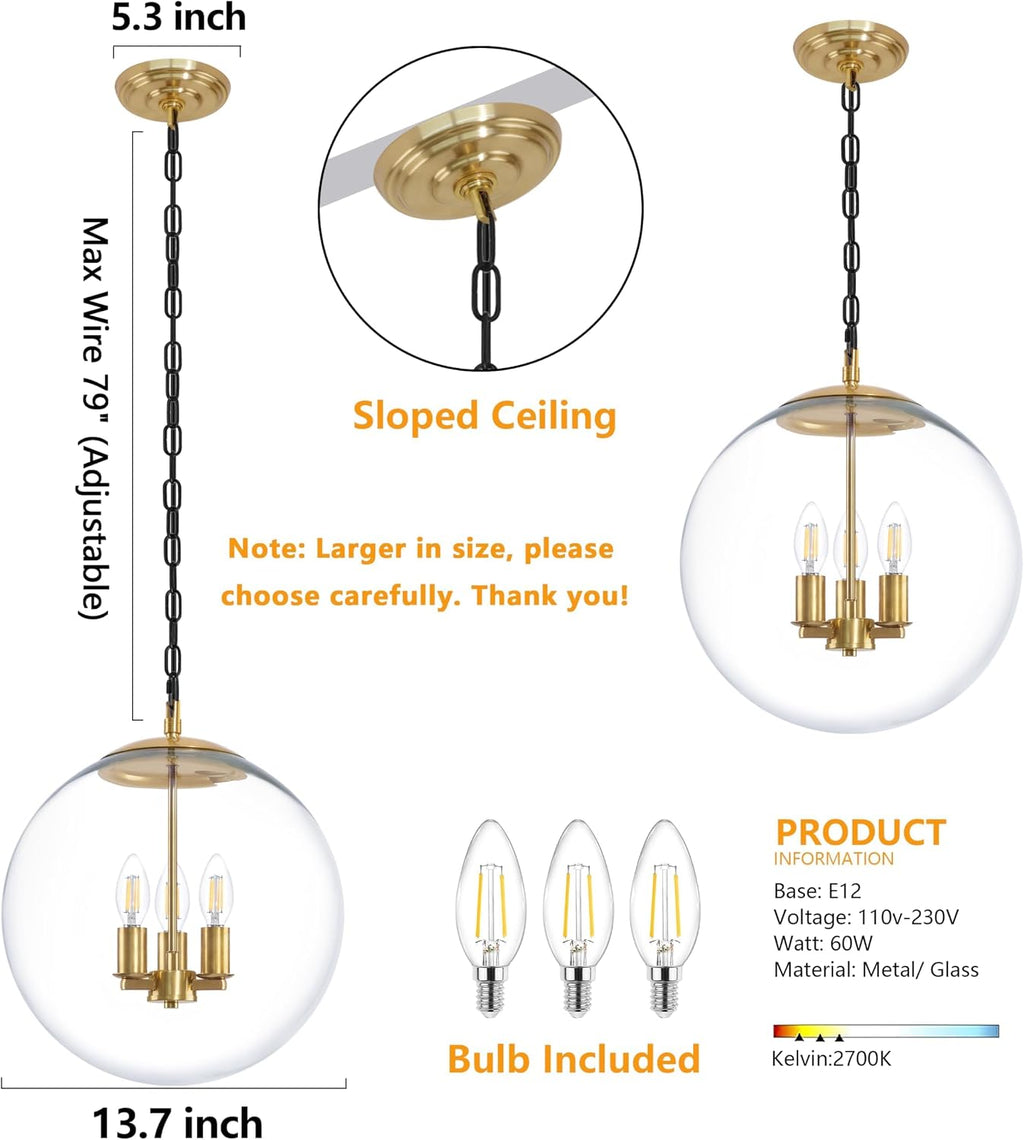 KoKo&Yukina 14' Gold Globe Pendant Light Mid Century Pendant Light Clear Glass Pendant Lights Kitchen Island Adjustable Hanging Light Fixture for Dining Room Bedroom Kitchen Island