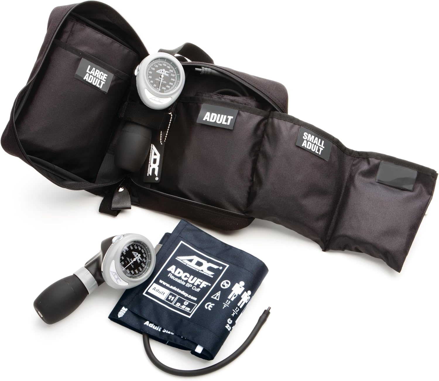 ADC Multikuf 731 3-Cuff EMT Kit with 804 Portable Palm Aneroid Sphygmomanometer, Small Adult, Adult and Large Adult Blood Pressure Cuffs (19-50 cm), Black Nylon Zipper Storage Case, Multi-Color