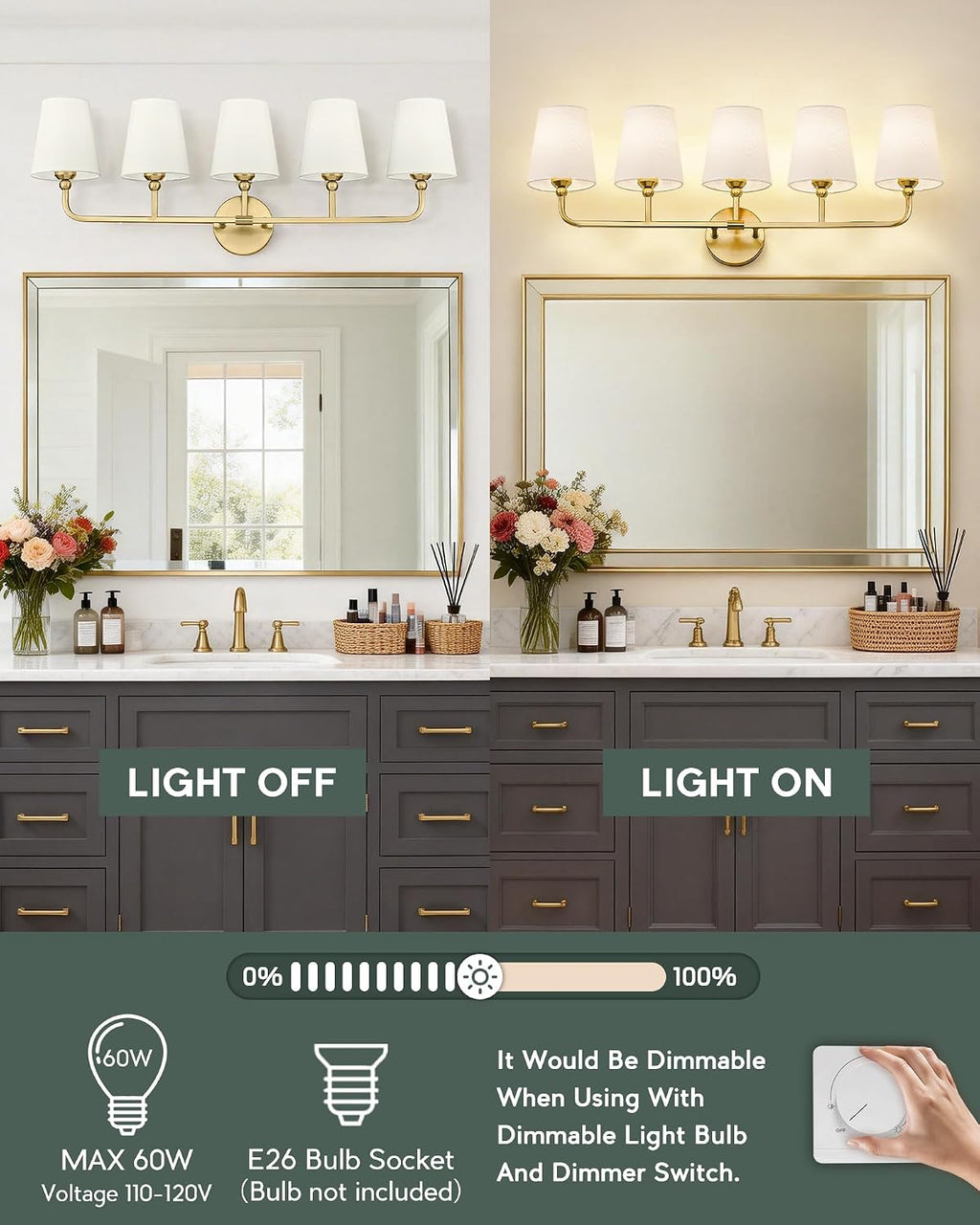 5-Light Bathroom Light Fixtures, Brushed Gold Vanity Lights with Flared Beige Fabric Shade, 35 Inch Wall Sconce, Vintage Sconces Wall Lighting for Hallway Bedroom, VL837-BG-B-5