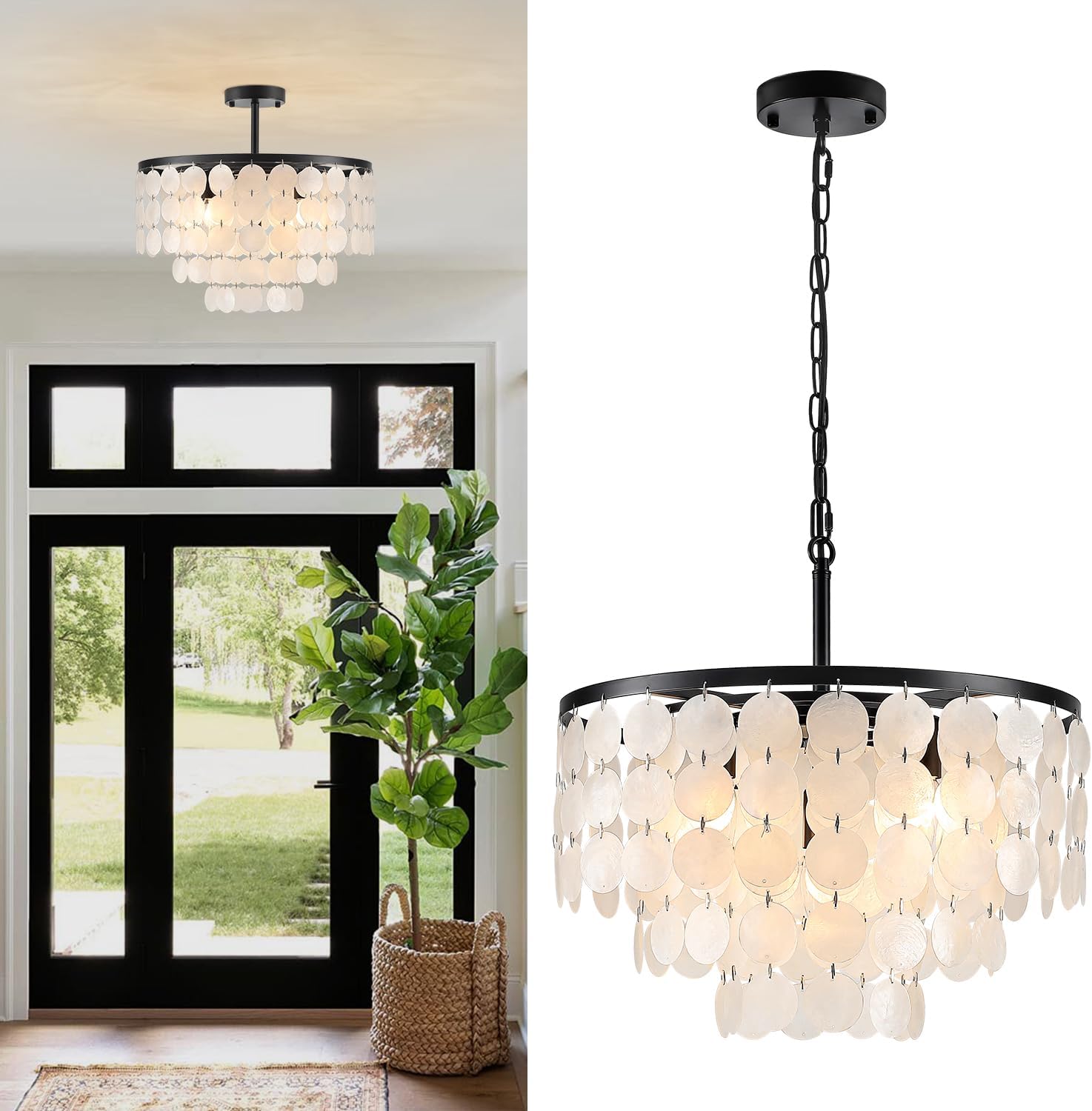 17.72' Capiz Shell Chandelier, 5 Light Natural Seashell Coastal Chandelier, Modern Capiz Seashell Pendant for Kitchen Living Dining Room Bathroom Bedroom, Black Finish