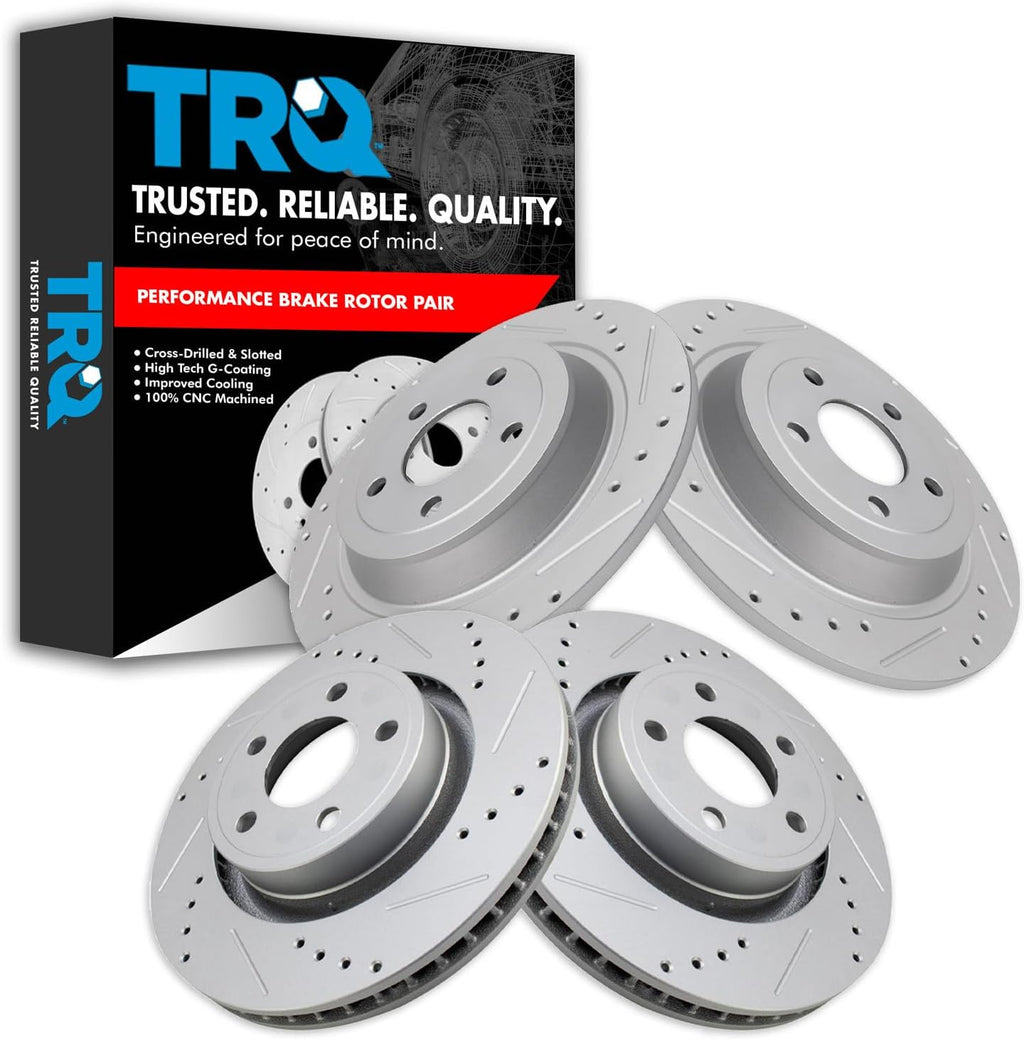 TRQ Performance Front and Rear Brake Rotor Set G Coated Drilled and Slotted Compatible with 2015-2020 Ford Mustang