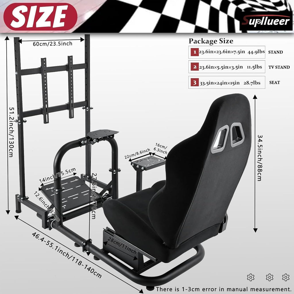 Supllueer Racing Simulator Cockpit Black Seat Stand with Black Seat and Monitor Mount Fit for Logitech G923 G29 G920, for Thrustmaster T248 T300,Excluding Steering Wheel Shift Lever Pedal Display