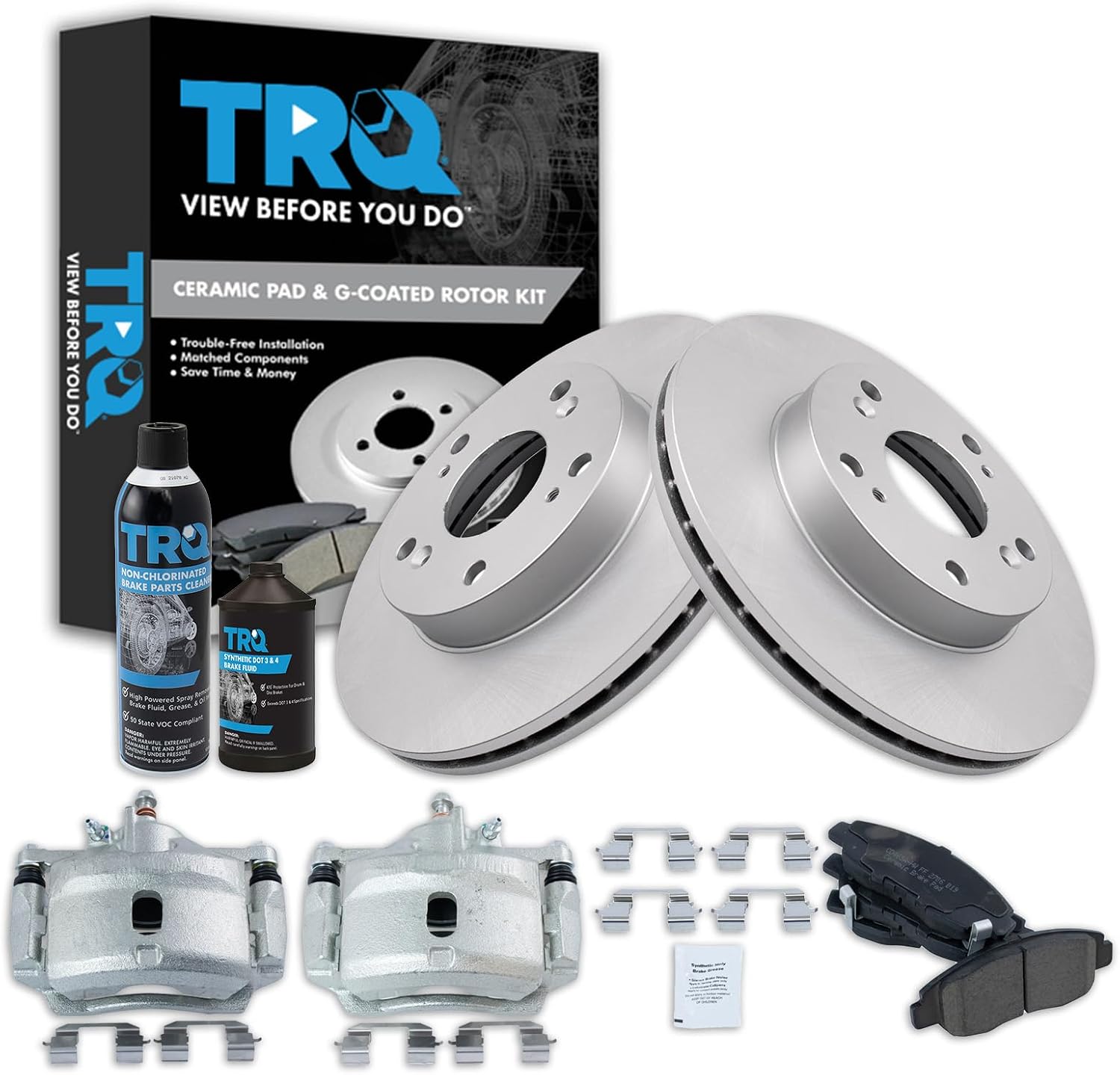 TRQ Front Brake Pad, Caliper, & Rotor Kit, with Chemical Kit Ceramic Premium G-Coated Compatible with 2006-2011 Honda Civic