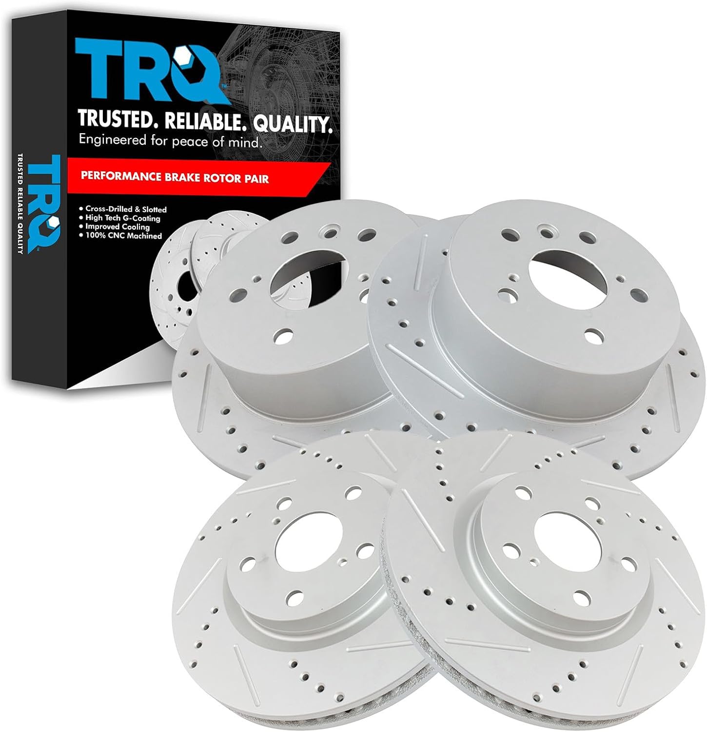 TRQ Performance Front and Rear Brake Rotor Set Coated Drilled Slotted Compatible with 2013-2018 Lexus ES300h ES350 2013-2018 Toyota Avalon 2012-2017 Toyota Camry