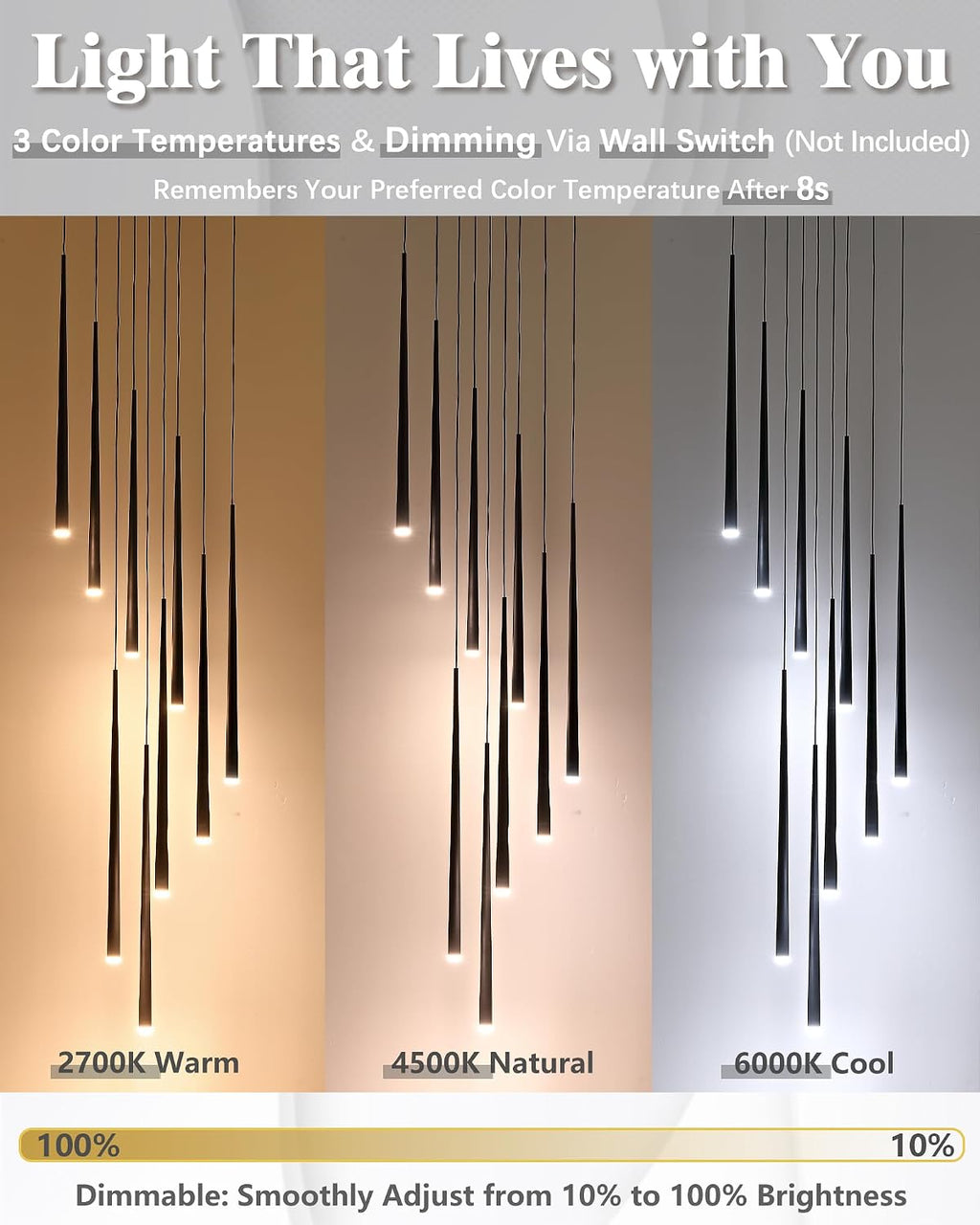 9-Light LED High Ceiling Chandelier, Modern Black Long Linear Pendant Chandelier for Staircase Entryway Foyer, Large Dimmable Hanging Light with 3 Color Temperatures