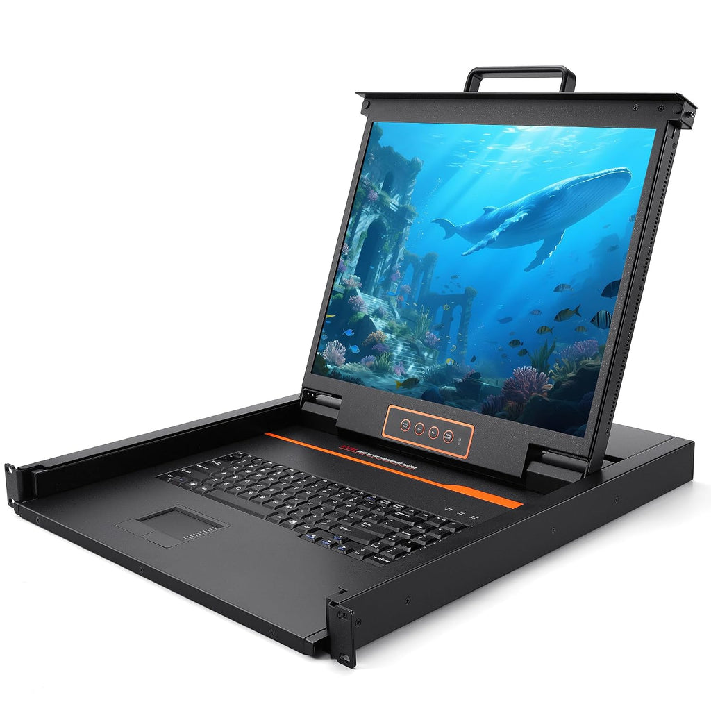 Rack Mount KVM Console, 19' Rack Mount Monitor, Single Port VGA, 1U LCD KVM Drawer with Keyboard and Touch Pad, 17.6'x19.9'x1.67' (W x D x H),1280×1024@60Hz, USB/VGA Cable Included,50,000 MTBF