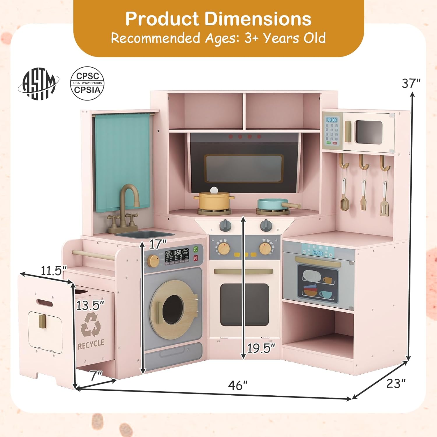 GLACER Corner Wooden Play Kitchen with Real Lights & Sounds, Pretend Kids Kitchen Playset with Trash Bin, Accessories, Dishwasher, Microwave Oven, Cooking Play Set for Toddlers Ages 3+ (Pink)