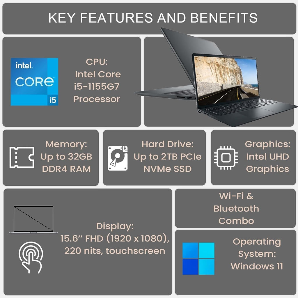 DELL Inspiron 15 3000 3520 Business Laptop Computer 15.6'' FHD Touchscreen,11th Gen Intel 4 Cores i5-1155G7, with Microsoft Office 365,12G,512GB, Numeric Keypad, Wi-Fi, Webcam, HDMI, Black