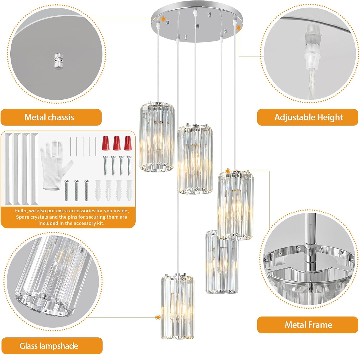 Chrome Pendant Lighting Modern Pendant Light, Mini Crystal Chandeliers,Adjustable Pendant Light Fixture for Kitchen Island Dinning Room Corridor Bedroom(Chrome 5-Light)