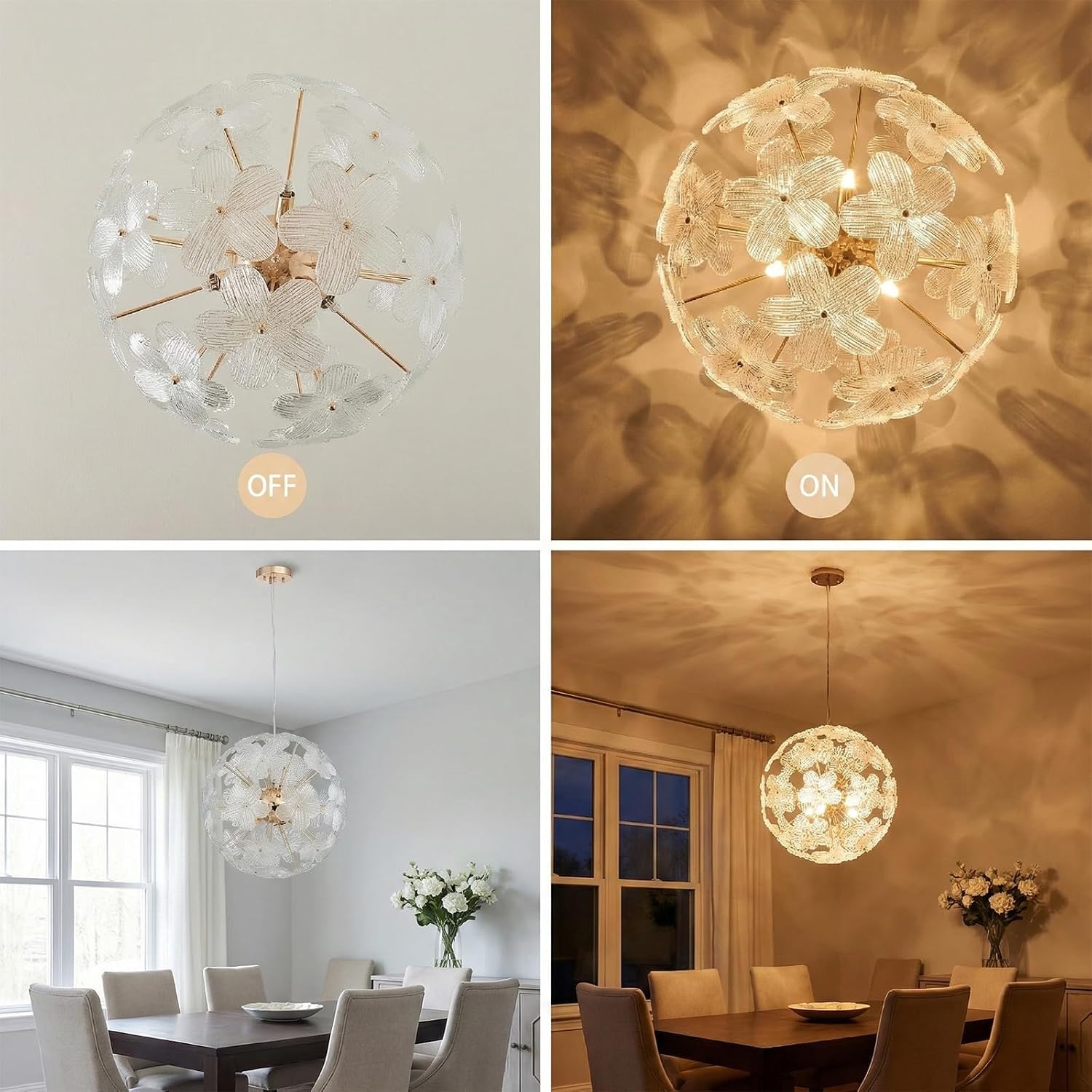 Modern Farmhouse Spherical Glass Chandelier Gold Floral Pendant Lighting Fixture Flower Height Adjustable Hanging 9 Light for Dining Room, Living Room, Bedroom, Hallway, Kitchen, Foyer