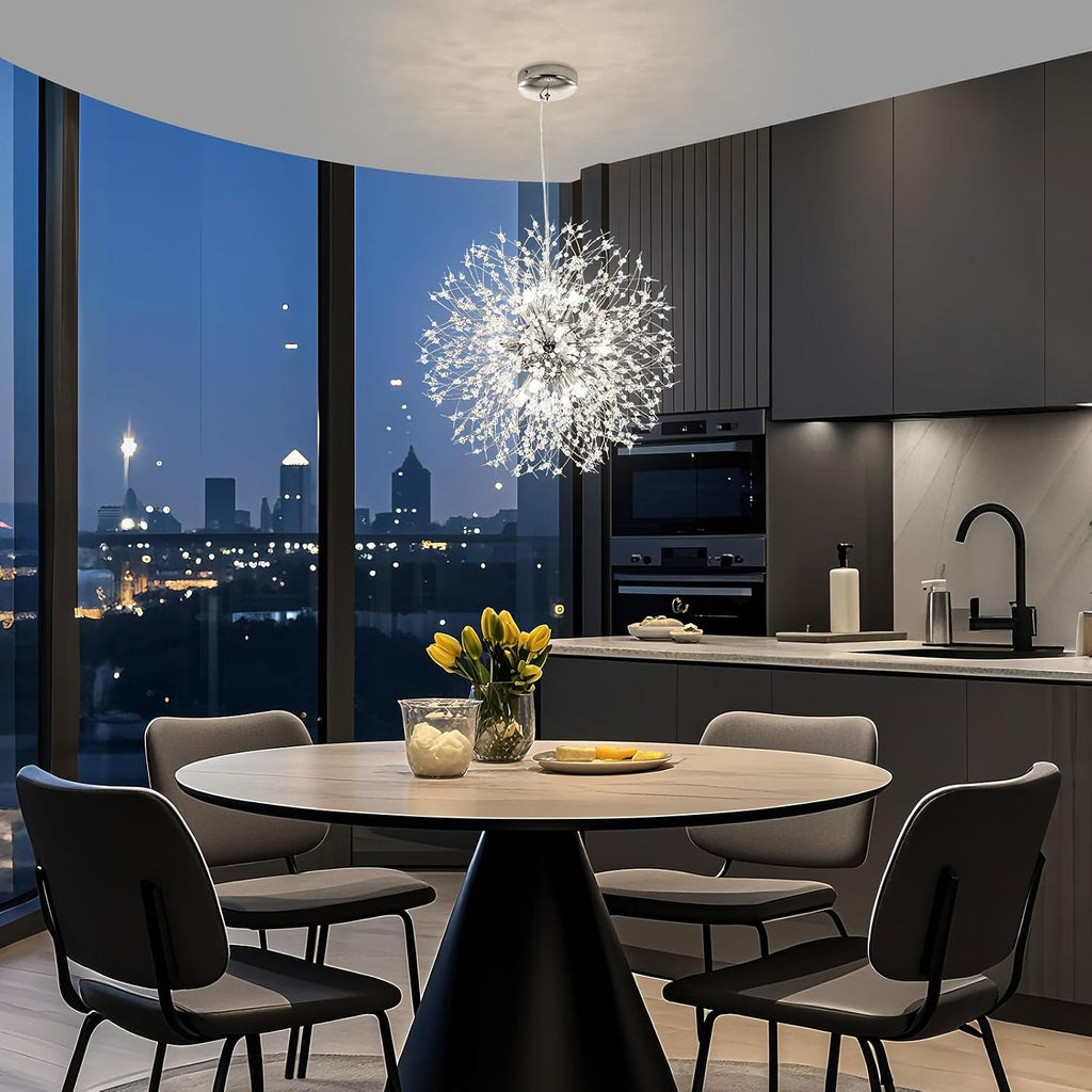 Qamra Modern Crystal Chandeliers, Chrome Firework Dandelion Sputnik Chandelier Light Fixture Pendant Lighting for Dining Room, Bedroom, Kitchen, Living Room(9-Light, Chrome)