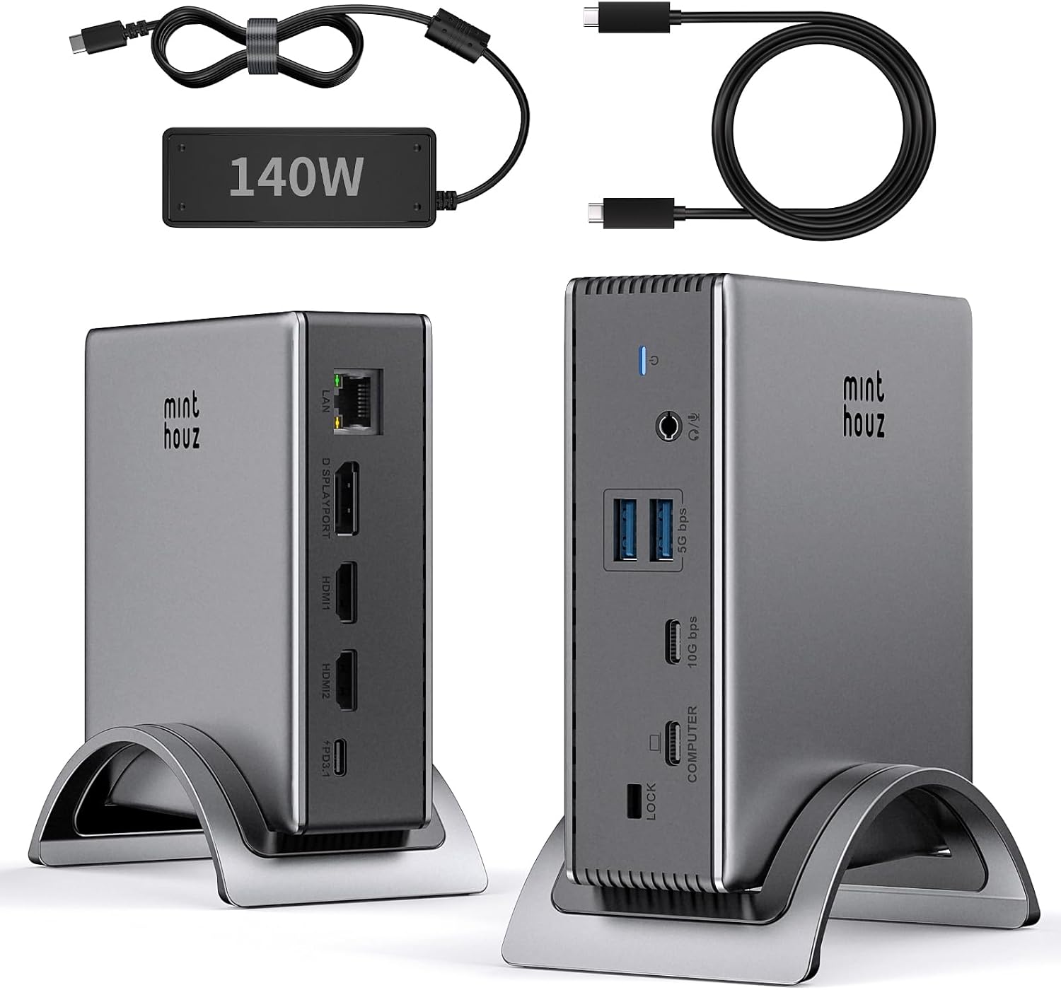 Minthouz USB-C Docking Station, PD3. 1 Docking Station, 3 Monitors with 4K@144Hz, 2×HDMI + DP, 140W PD Charge, USB-C 10Gbps, 2×USB-A 5Gbps, Gigabit Ethernet, Audio/Mic, for Chrome OS & Windows