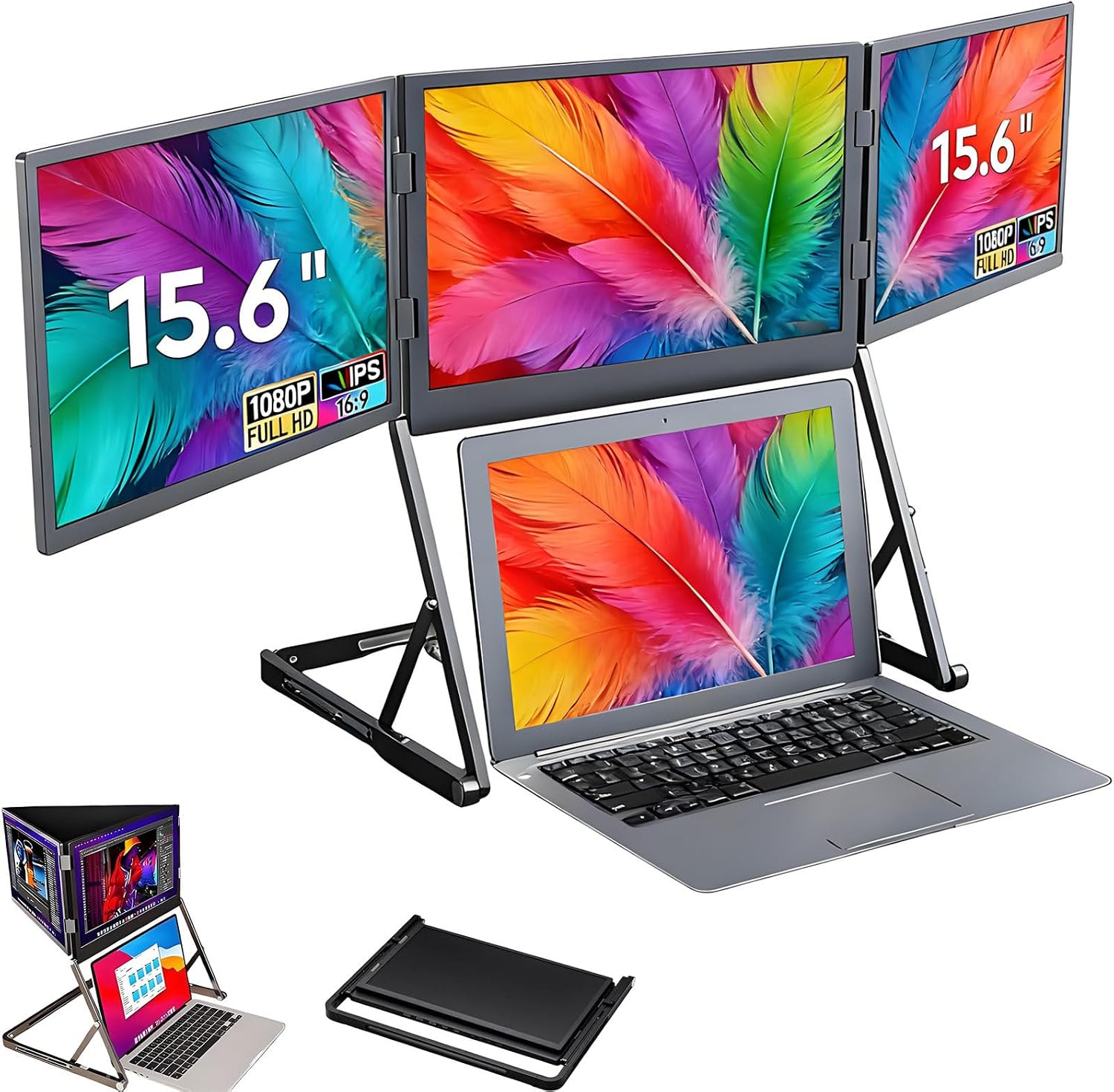 Laptop Screen Extender, 15.6' FHD 1080P 16:9 IPS Portable Foldable Triple Monitor, Laptop Monitor Extender with 360° Rotation, HDMI/USB-C Attach n Play, External Monitor for Windows Mac
