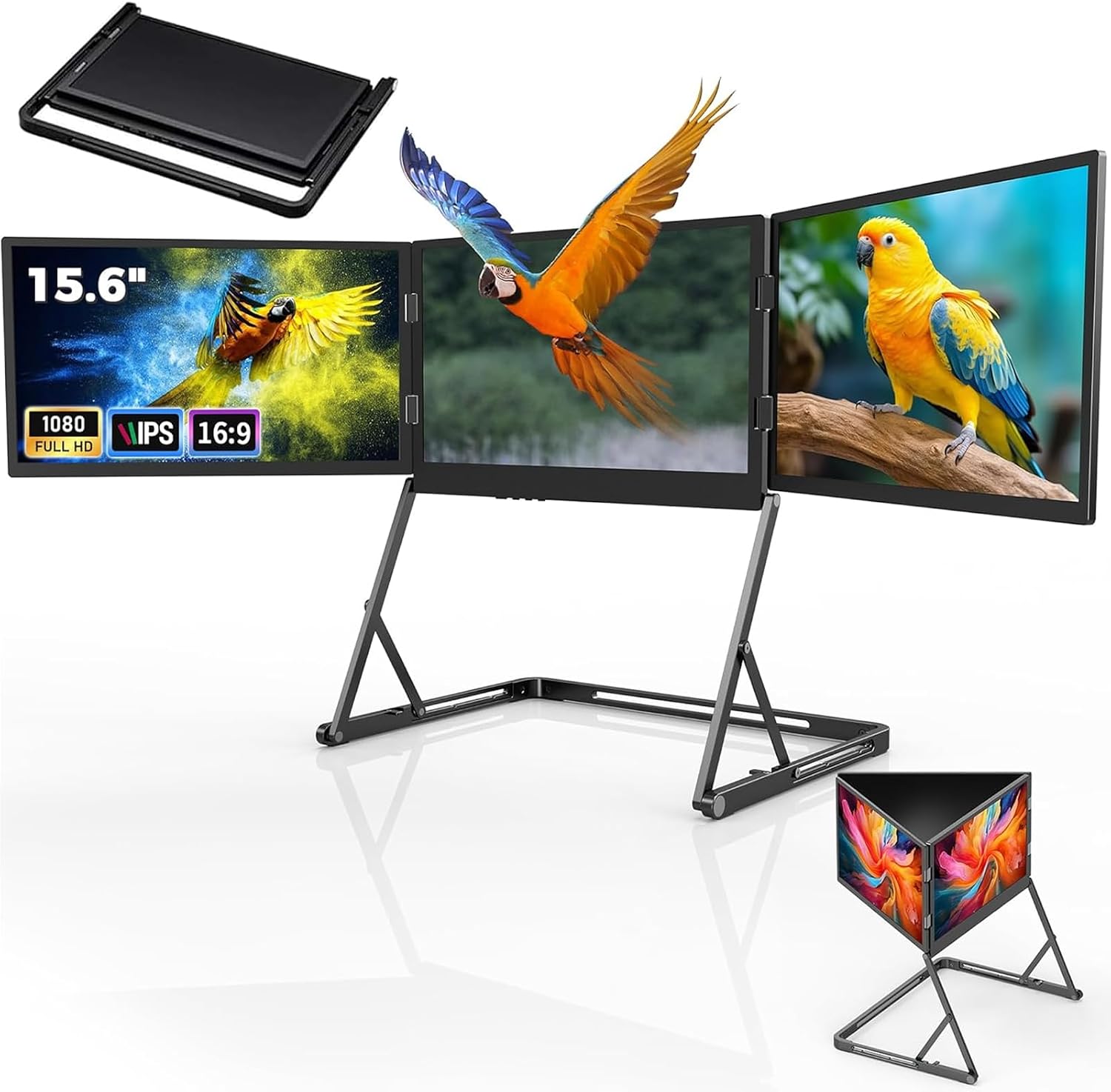 1080p 3-Screen Monitor for Laptop, 15.6'Laptop Tri-Fold Monitor, Portable Triple Monitors with 360° Rotation Adjustable Viewing Angles Compatible, HDMI/USB-C Plug n Play for Windows and Mac