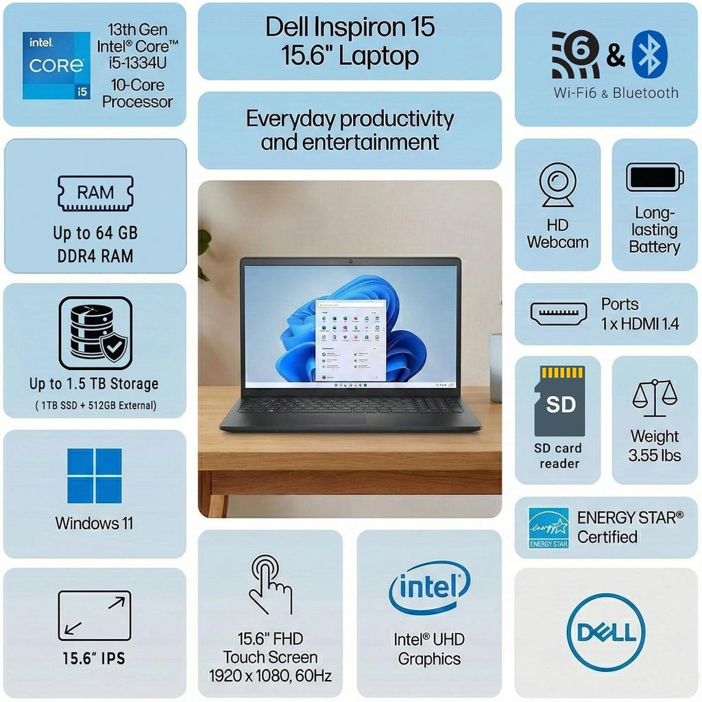 Dell Inspiron 15 Laptop, 15.6' FHD Touchscreen, Intel 10-Core i5-1334U, 12GB RAM, 256GB SSD + 512GB External, Wi-Fi 6, Copilot AI, Win 11 Home, Long Battery Life, WOWPC 3-in-1 Bundle