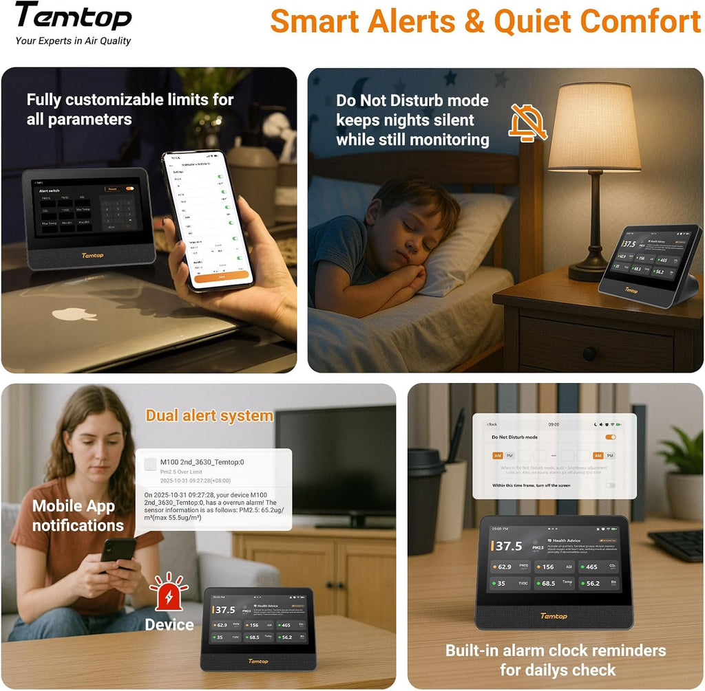 Temtop M100 2nd Gen Air Quality Monitor for Indoor Air, 7-Inch Touch Screen, Real-Time Tester for PM2.5, CO2, TVOC, Temp & Humidity, WiFi App & Multi-Room Monitoring with Smart Insights