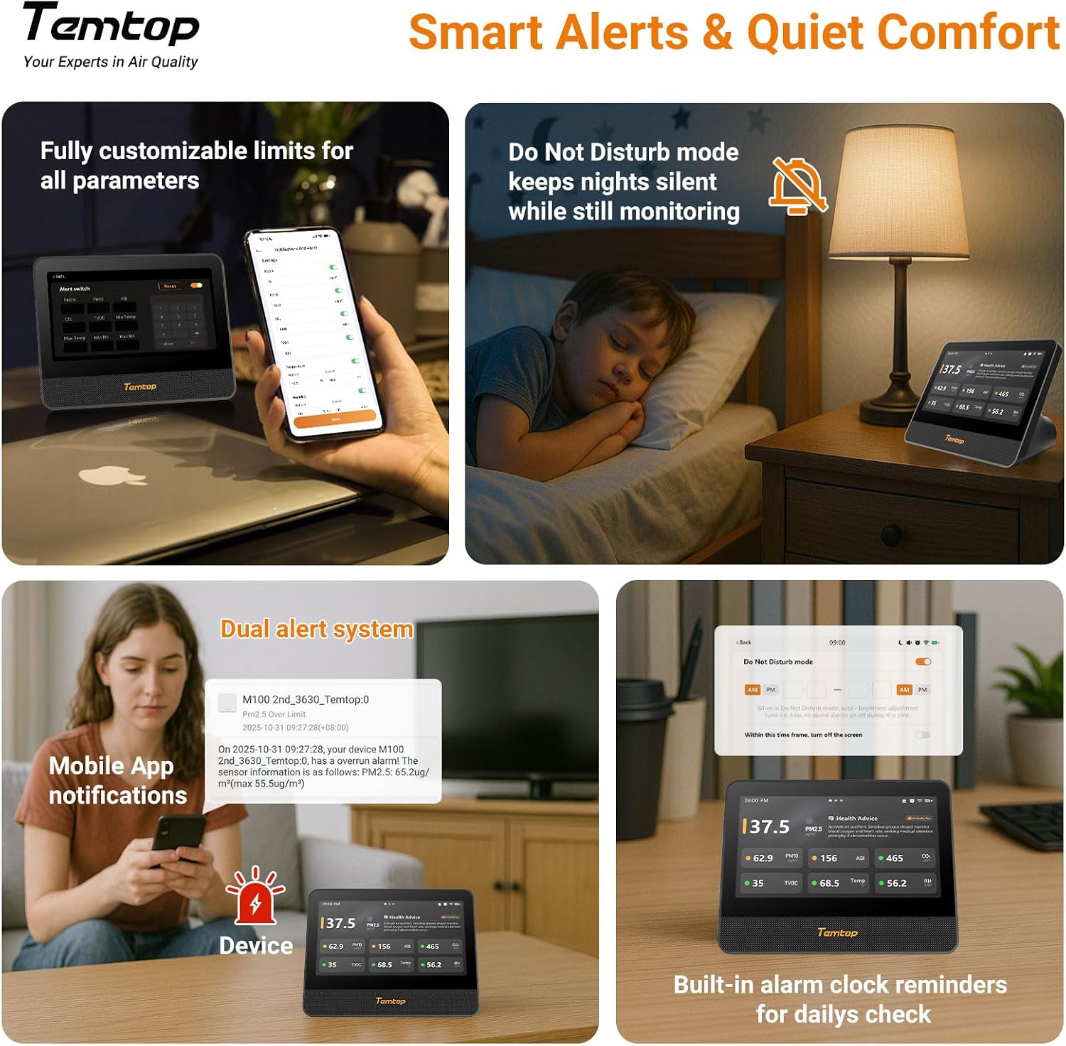 Temtop M100 2nd Gen Air Quality Monitor for Indoor Air, 7-Inch Touch Screen, Real-Time Tester for PM2.5, CO2, TVOC, Temp & Humidity, WiFi App & Multi-Room Monitoring with Smart Insights