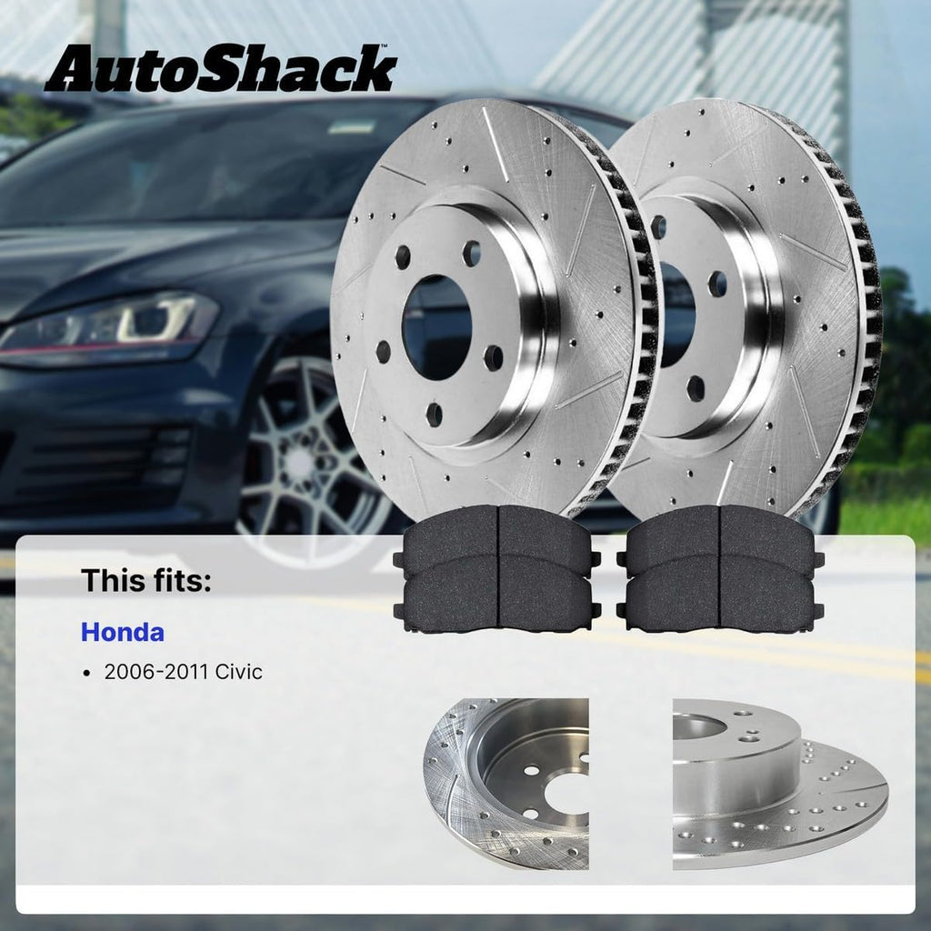 AutoShack Front & Rear Brake Rotors & Ceramic Pads for Honda, Civic 2006-2011, FWD L4 1.8L - Silver Zinc Coated Drilled & Slotted - SilverShield Pro