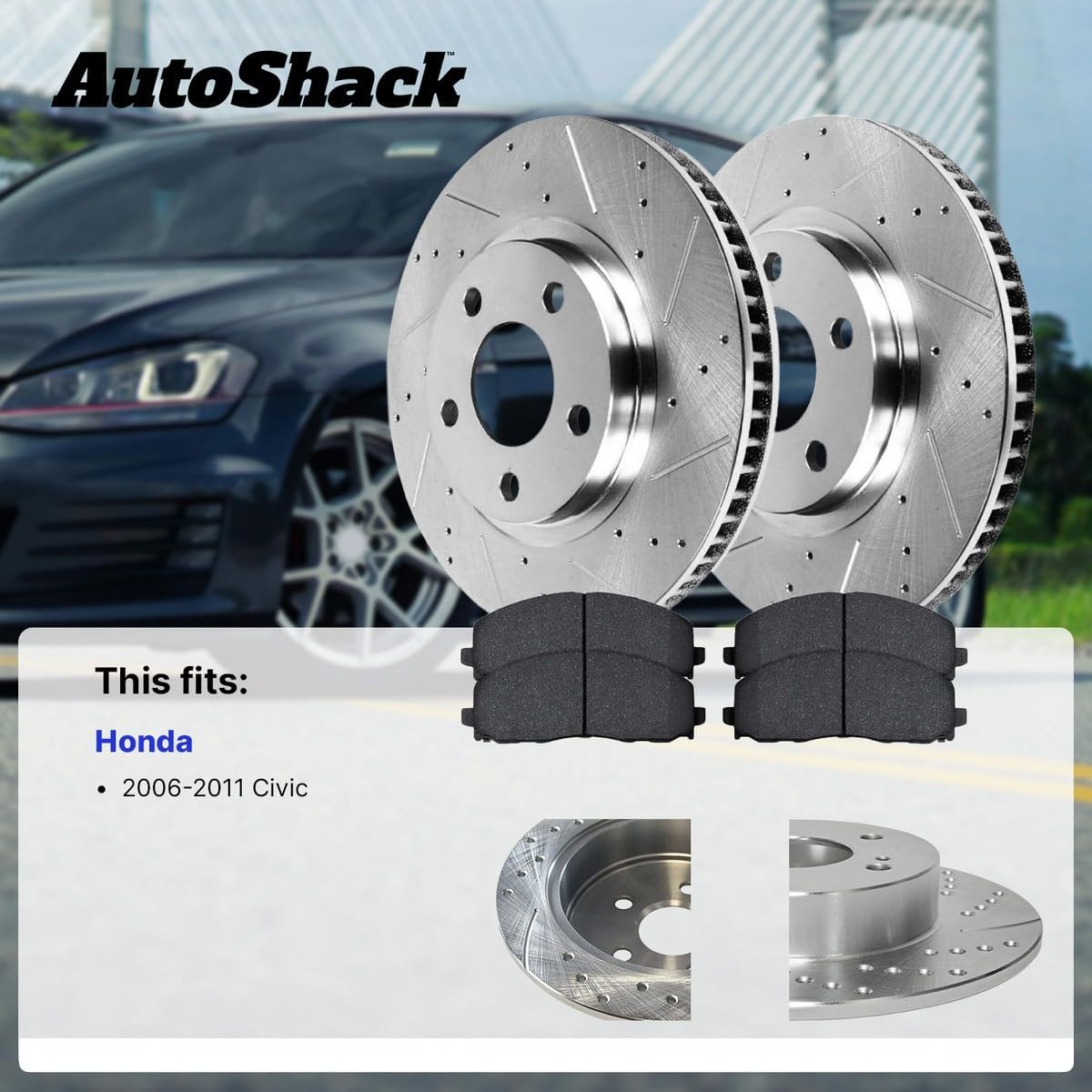 AutoShack Front & Rear Brake Rotors & Ceramic Pads for Honda, Civic 2006-2011, FWD L4 1.8L - Silver Zinc Coated Drilled & Slotted - SilverShield Pro