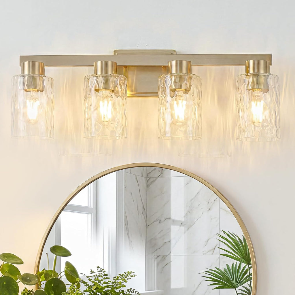 4-Light Bathroom Light Fixtures Modern Gold Vanity Lights with Water Ripple Glass Wall Sconces Over Mirror for Bathroom, Powder Room, Living Room