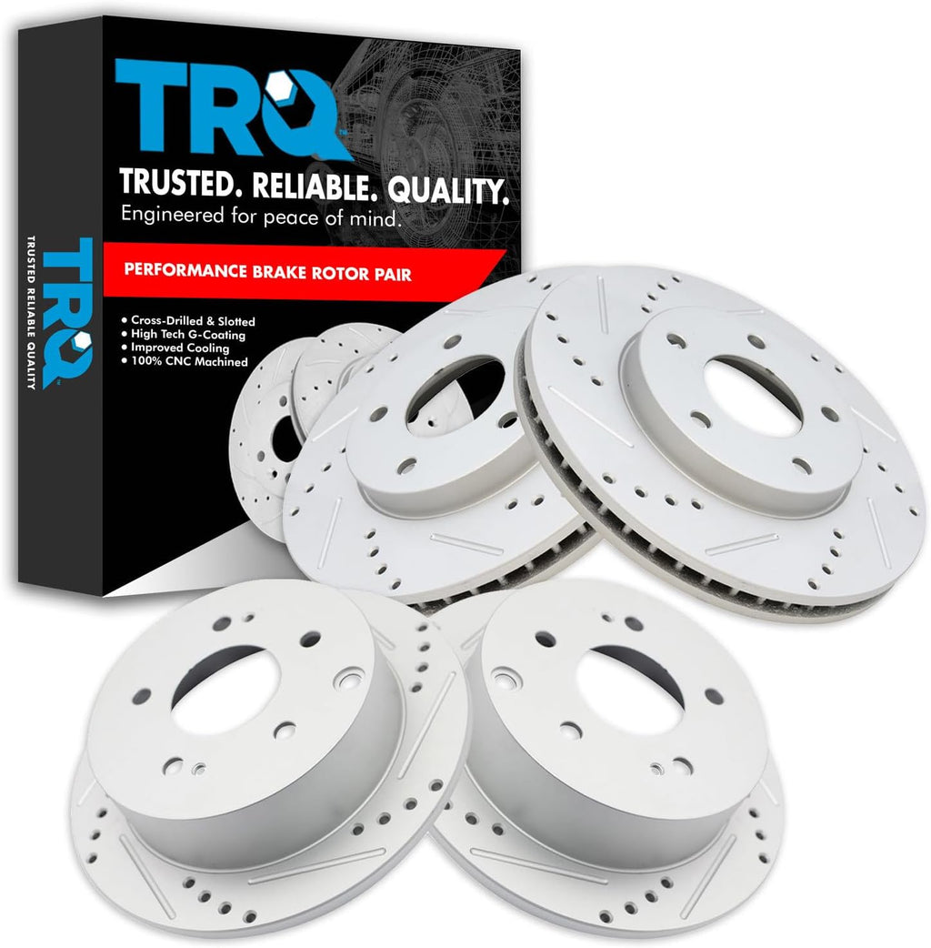 TRQ Performance Front and Rear Brake Rotor Set G Coated Drilled and Slotted Compatible with 2004-2012 Mitsubishi Galant