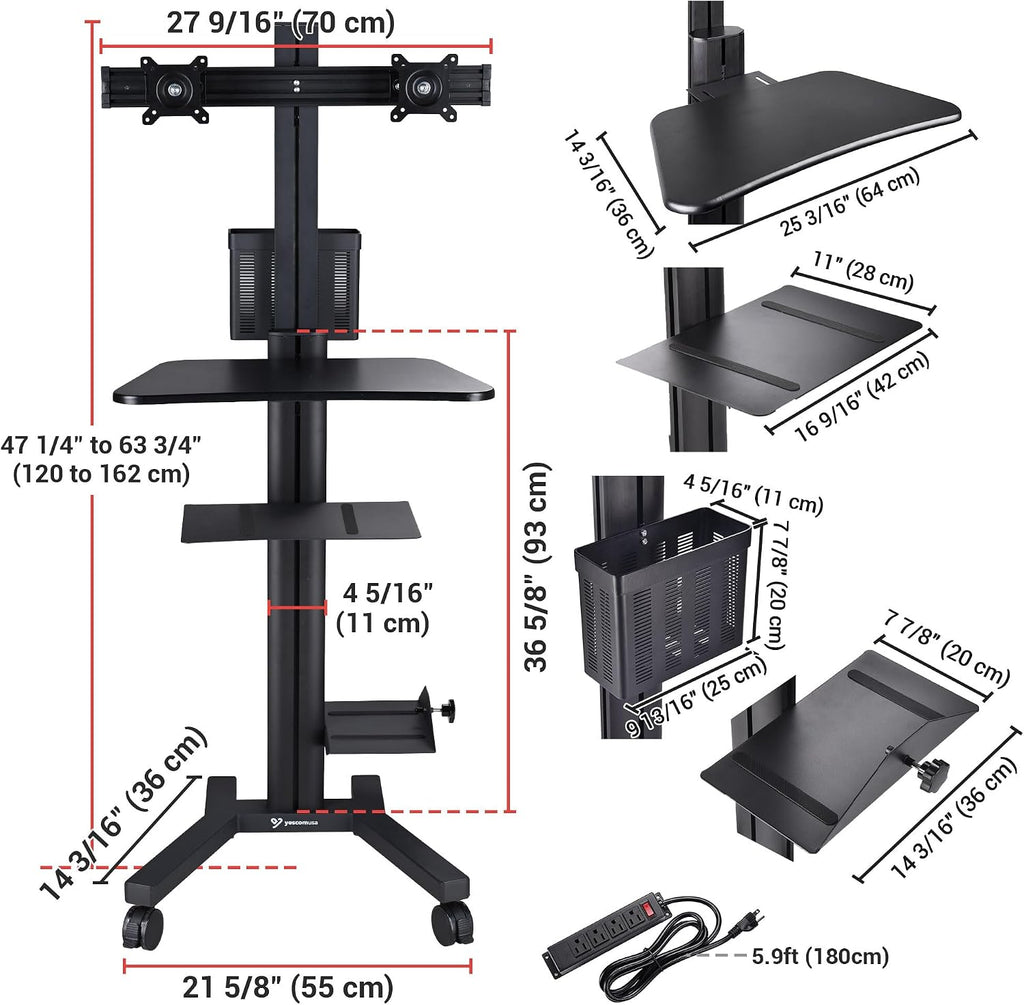 AW Mobile Computer Cart Medical Rolling PC Stand Desk Workstation Dual Monitor Mount with Wheels Adjustable Keyboard Tray CPU Printer Holder Hospital Clinic ANSI/BIFMA X5.5-2021 Certificated Black