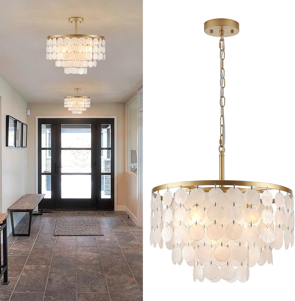 17.72' Capiz Shell Chandelier, 5 Light Modern Coastal Chandeliers, Gold Dining Room Light Fixture, Natural Seashell Hanging Light Fixtures for Living Room Bedroom Kitchen Foyer Bathroom