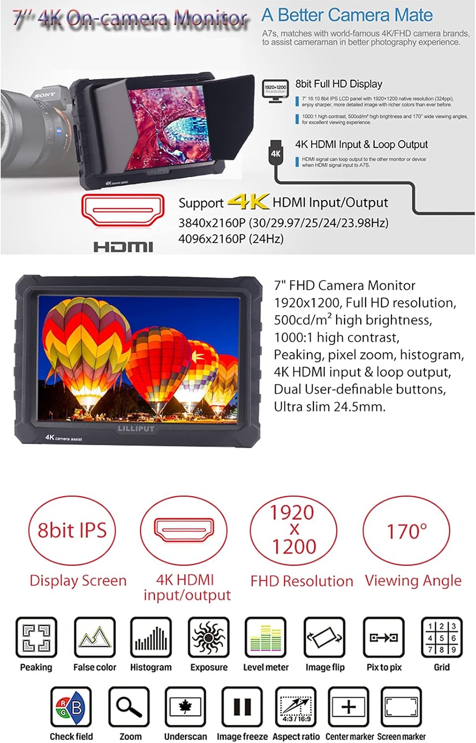 LILLIPUT A7S 7' 1920x1200 IPS Screen Camera Field Monitor 4K HDMI Input Output Video for DSLR Mirrorless Camera Sony A7S II A6500 Panasonic GH5 Canon 5D Mark IV DJI Ronin M Black VIVITEQ Exclusively